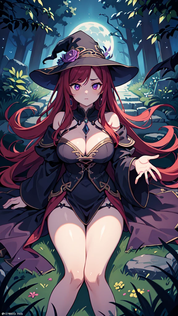 A red-haired sorceress with mesmerizing eyes and enchanting lips stands in a magical night garden, her fingertips reaching out for a crow. The scene is bathed in a mysterious glow, with soft moonlight casting shadows on the lush foliage surrounding her. The witch is dressed in a flowing robe adorned with intricate patterns, representing her powerful connection to the arcane arts. The crow, with feathers as dark as the night, perches on a twisted branch, its eyes filled with intelligence and mischief. As the sorceress extends her hand, a subtle swirl of vibrant red and purple magic begins to envelop her and the crow, hinting at the immense power she possesses. The atmosphere is filled with an air of both danger and intrigue, as if the witch is about to embark on an epic quest in a mystical RPG adventure. The artwork is of the highest quality, with an emphasis on ultra-detailed elements, realistic textures, and vivid colors. The lighting is carefully crafted to create a sense of depth and drama, with moonlight casting delicate highlights and shadows on the witch and her surroundings. This prompt promises to generate a masterpiece, capturing the essence of witchcraft and the allure of a sorceress immersed in a world of magic and mystery., lying on the ground, top view