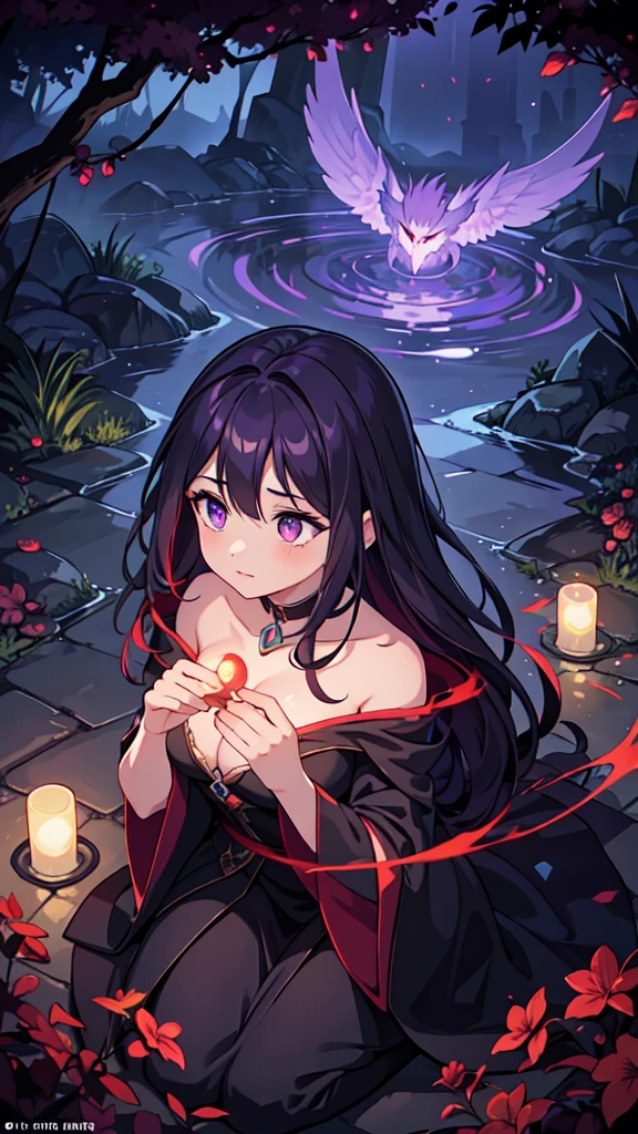 A red-haired sorceress with mesmerizing eyes and enchanting lips stands in a magical night garden, her fingertips reaching out for a crow. The scene is bathed in a mysterious glow, with soft moonlight casting shadows on the lush foliage surrounding her. The witch is dressed in a flowing robe adorned with intricate patterns, representing her powerful connection to the arcane arts. The crow, with feathers as dark as the night, perches on a twisted branch, its eyes filled with intelligence and mischief. As the sorceress extends her hand, a subtle swirl of vibrant red and purple magic begins to envelop her and the crow, hinting at the immense power she possesses. The atmosphere is filled with an air of both danger and intrigue, as if the witch is about to embark on an epic quest in a mystical RPG adventure. The artwork is of the highest quality, with an emphasis on ultra-detailed elements, realistic textures, and vivid colors. The lighting is carefully crafted to create a sense of depth and drama, with moonlight casting delicate highlights and shadows on the witch and her surroundings. This prompt promises to generate a masterpiece, capturing the essence of witchcraft and the allure of a sorceress immersed in a world of magic and mystery., lying on the ground, top view
