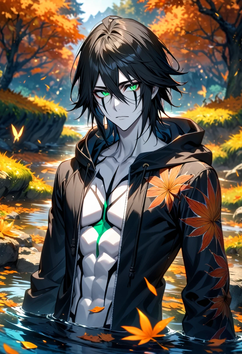 Ultra detailed, Highres, absurdres, HDR, Ulquiorra cifer, black hair, expressive green eyes, black long coat with patterns with a hoddie, Bleach, orange flowers, petals, handsome, sexy man, solo, very detailed eyes and face, water, butterflies, black tight t-shirt, master piece, toned chest, orange leaves, autumn, pale skin,