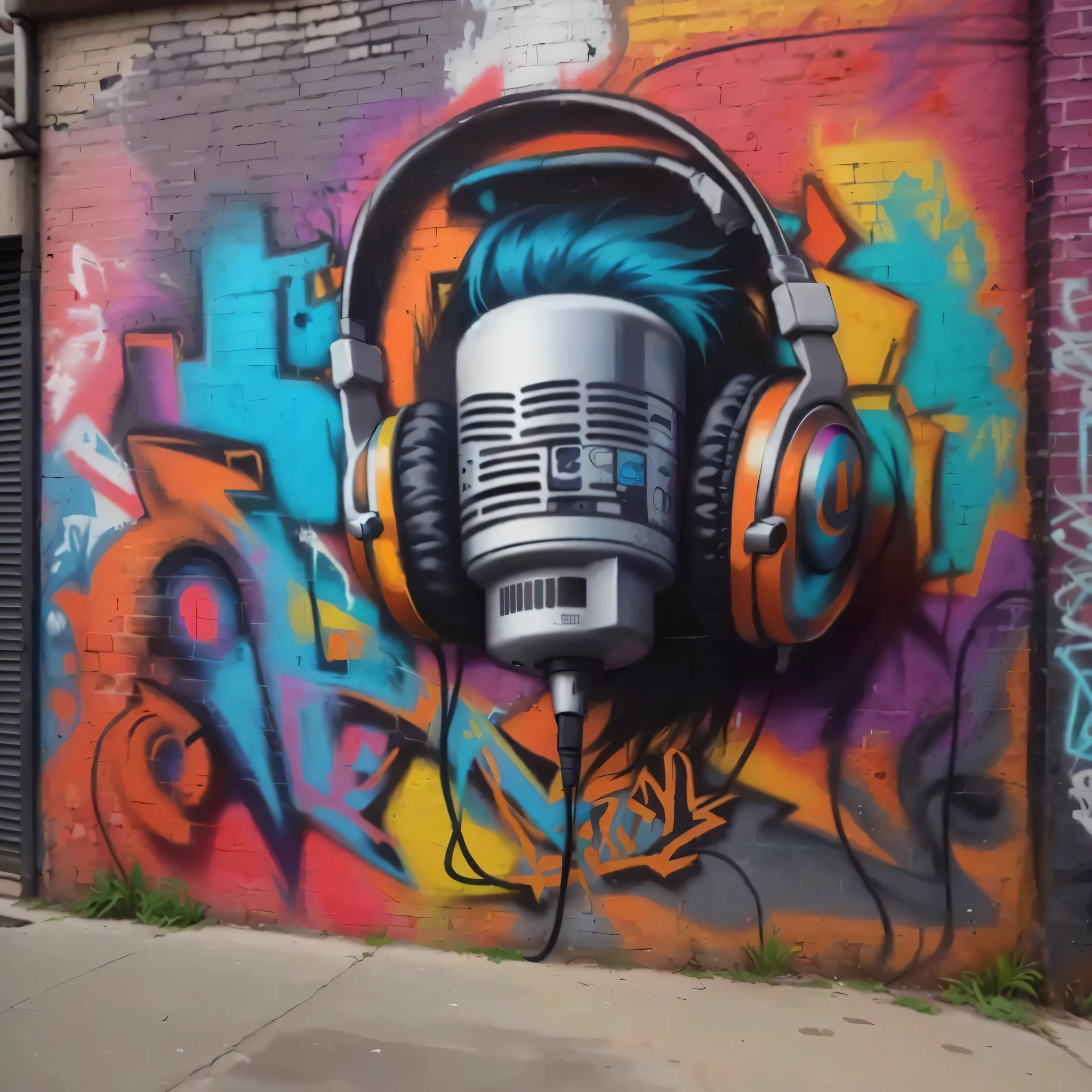 grafite on a brick wall with a microphone and headphones, Arte de rua 8K, mural colorido nas paredes, pintado em uma parede de tijolos, artista desconhecido, grafite art, arte de rua, grafite street art, pintado com spray em uma parede, grafite on wall, grafite on a wall, arte do grafite, estilo de arte urbana, bold grafite, urban grafite, colorful grafite, average [ grafite