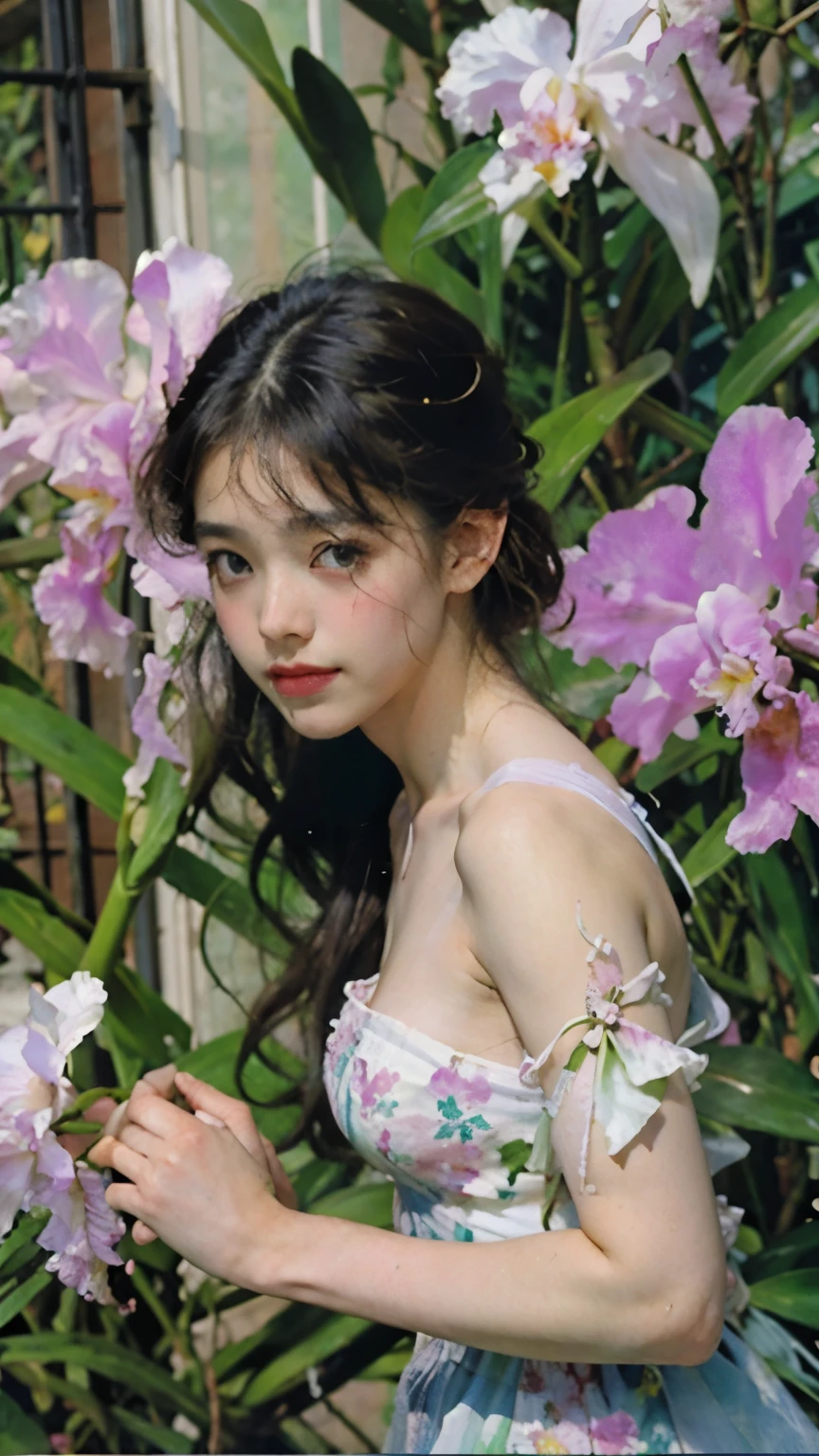 (highest quality、High resolution、masterpiece)、4K Anime Art、(Cattleya, flower, white, pink, leaf, )、 (Blue Butterfly)、(熱帯のflowerと観賞植物)、(Orchid Fairy、Beautiful Face、one piece、Small breasts、whole body)、(Sargent-style watercolor)、(white色の背景)、(No background)、Blur the background、
