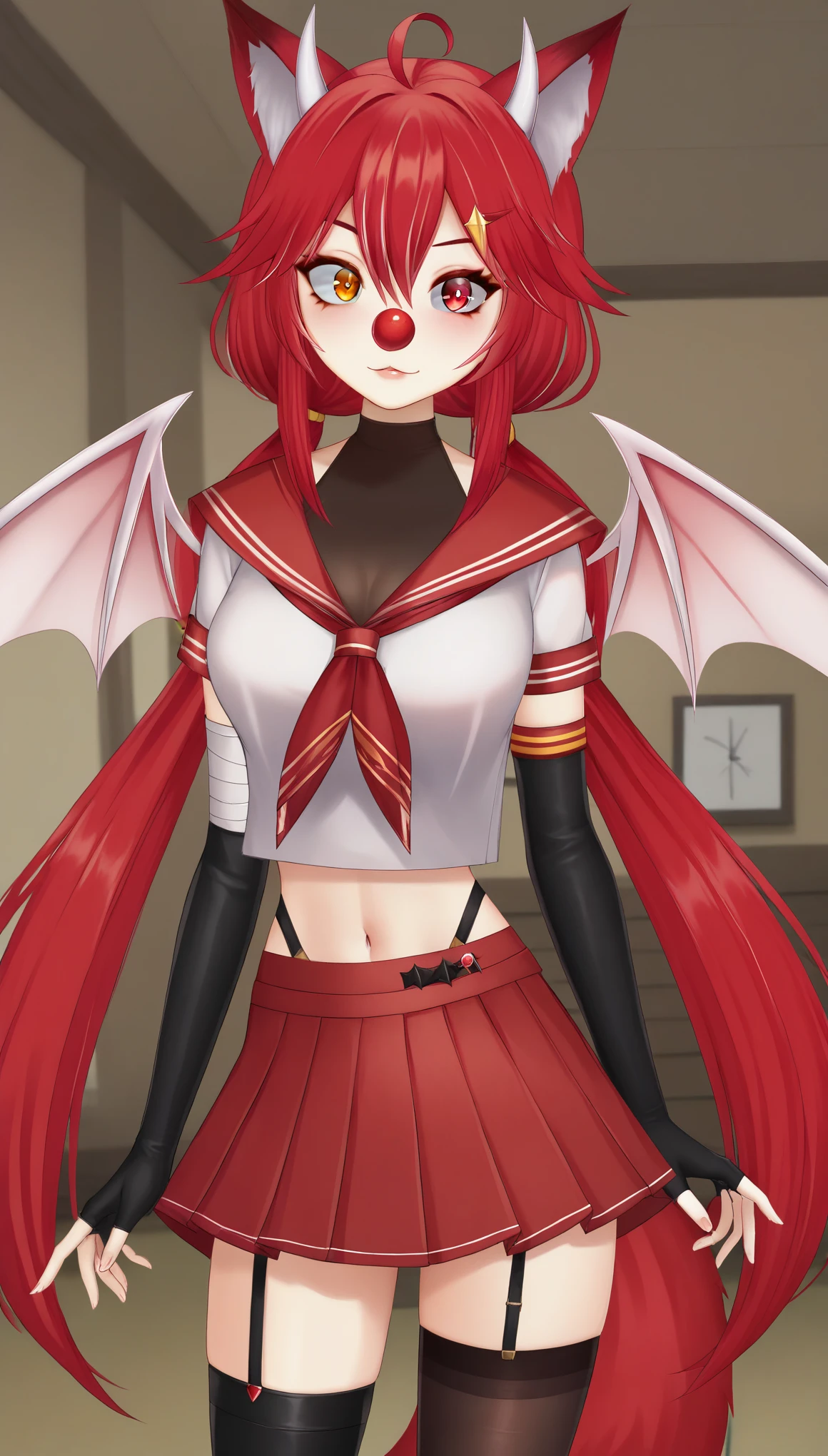 ChiimuuVTXL, solo, orange eyes, (red eye), heterochromia, red hair, twintails, long hair, ahoge, hair ornaments, hair between eyes, bangs, (red fox ears:1.2), ((white horns)), clown nose, medium breasts, serafuku, sailor collar, , crop top, wings, elbow gloves, fingerless gloves, red skirt, garter straps, asymmetrical thighhighs, black thighhighs, solo, standing, looking at viewer, indoors