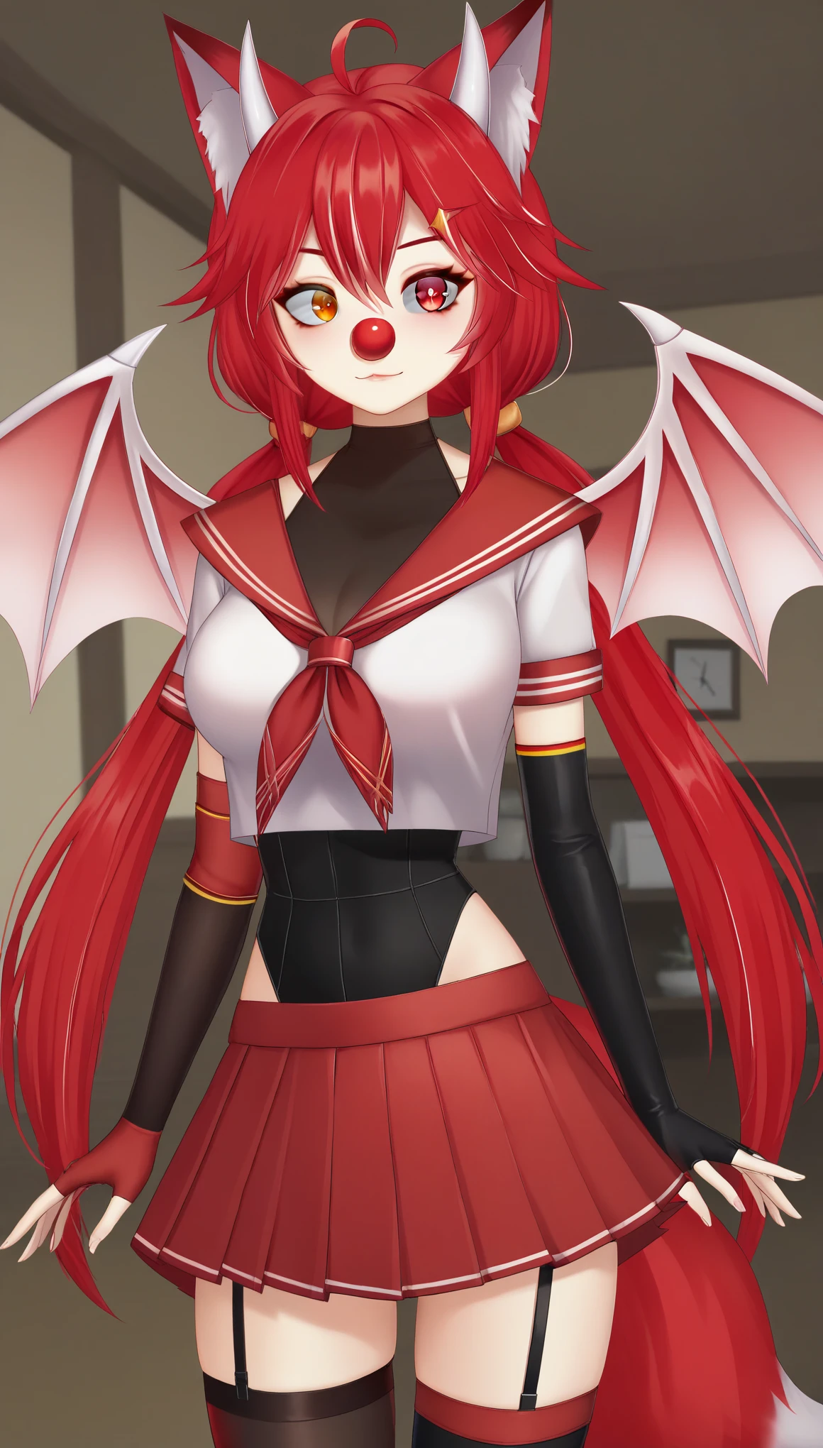 ChiimuuVTXL, solo, orange eyes, (red eye), heterochromia, red hair, twintails, long hair, ahoge, hair ornaments, hair between eyes, bangs, (red fox ears:1.2), ((white horns)), clown nose, medium breasts, serafuku, sailor collar, , crop top, wings, elbow gloves, fingerless gloves, red skirt, garter straps, asymmetrical thighhighs, black thighhighs, solo, standing, looking at viewer, indoors