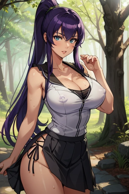 (masterpiece, Best quality,32k), Intricate details,
1 girl, busujima_Saeko, purple hair, , skirt, ponytail, very long hair,
seductive smile, Outdoors, forest, perspiration, sweaty tits, cleavage, erect nipples, black panties, skirt slightly raised by the wind.