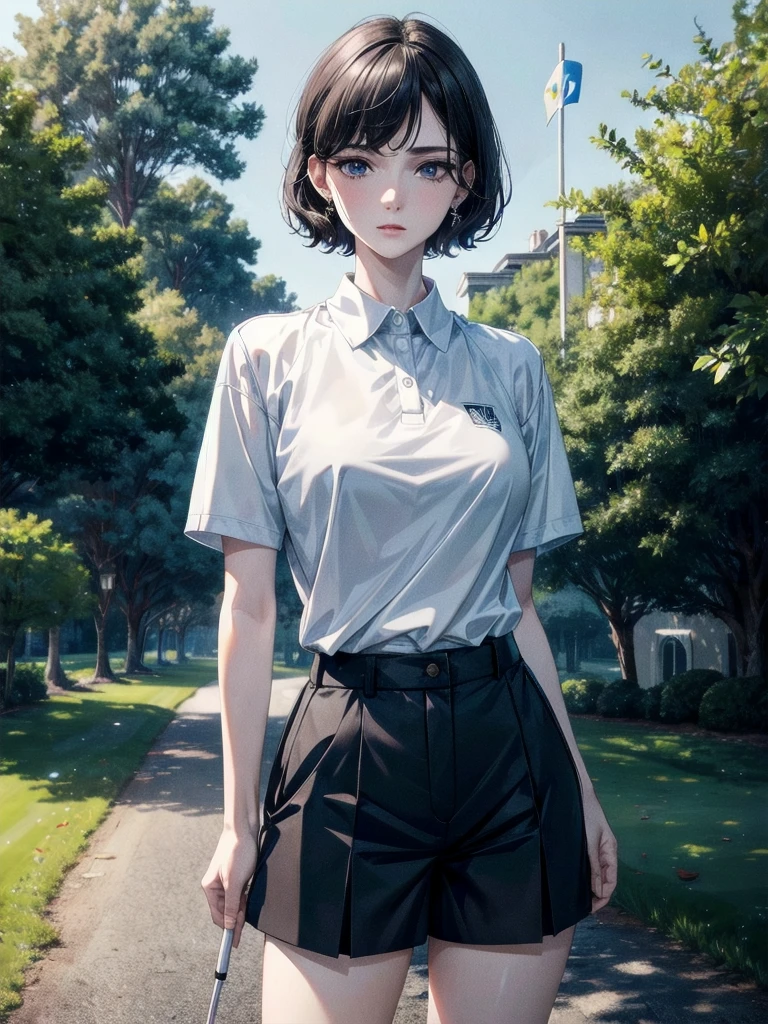 golf uniform, shorts, absurdres, RAW photo, extremely delicate and beautiful, masterpiece, Best Quality, ultra high resolution, 32k, hyperrealistic, ultra-detailed, detailed description, pale skin, 20 years old, tearful mole, earring, big tits, short medium hair, wavy hair, whole body shot,