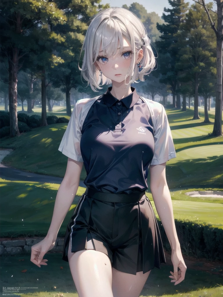 golf uniform, shorts, absurdres, RAW photo, extremely delicate and beautiful, masterpiece, Best Quality, ultra high resolution, 32k, hyperrealistic, ultra-detailed, detailed description, pale skin, 20 years old, tearful mole, earring, big tits, short medium hair, wavy hair, whole body shot,