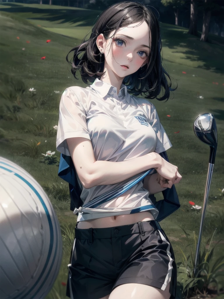 golf uniform, shorts, absurdres, RAW photo, extremely delicate and beautiful, masterpiece, Best Quality, ultra high resolution, 32k, hyperrealistic, ultra-detailed, detailed description, pale skin, 20 years old, tearful mole, earring, big tits, short medium hair, wavy hair, whole body shot,