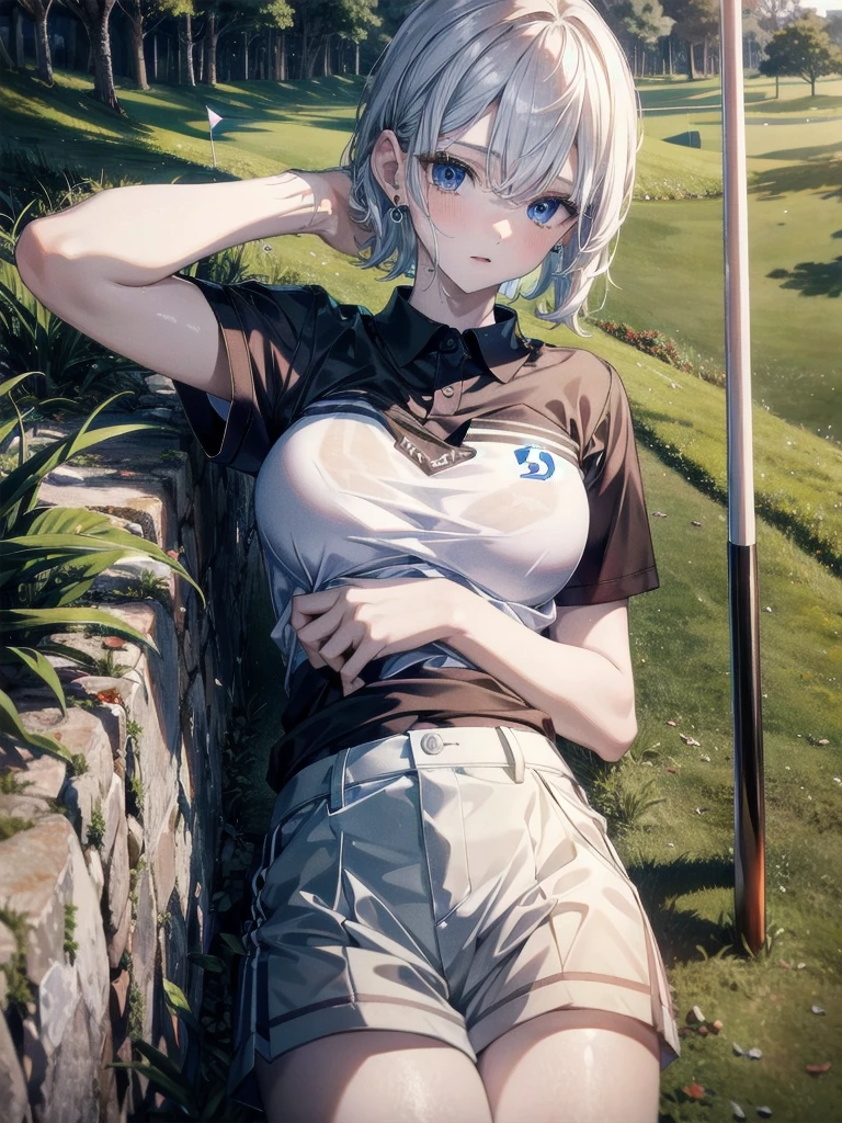 golf uniform, shorts, absurdres, RAW photo, extremely delicate and beautiful, masterpiece, Best Quality, ultra high resolution, 32k, hyperrealistic, ultra-detailed, detailed description, pale skin, 20 years old, tearful mole, earring, big tits, short medium hair, wavy hair, whole body shot,