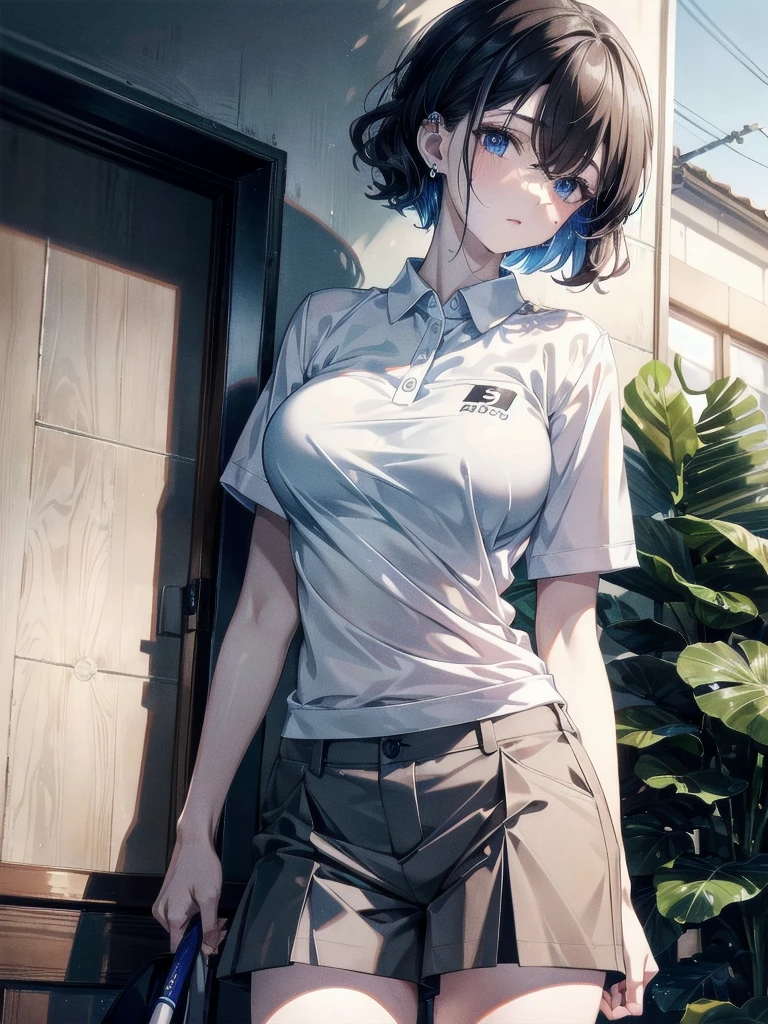 golf uniform, shorts, absurdres, RAW photo, extremely delicate and beautiful, masterpiece, Best Quality, ultra high resolution, 32k, hyperrealistic, ultra-detailed, detailed description, pale skin, 20 years old, tearful mole, earring, big tits, short medium hair, wavy hair, whole body shot,