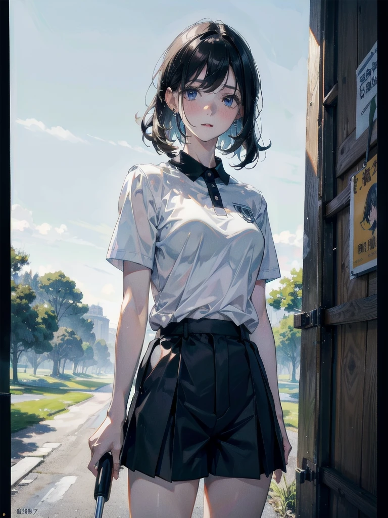 golf uniform, shorts, absurdres, RAW photo, extremely delicate and beautiful, masterpiece, Best Quality, ultra high resolution, 32k, hyperrealistic, ultra-detailed, detailed description, pale skin, 20 years old, tearful mole, earring, big tits, short medium hair, wavy hair, whole body shot,