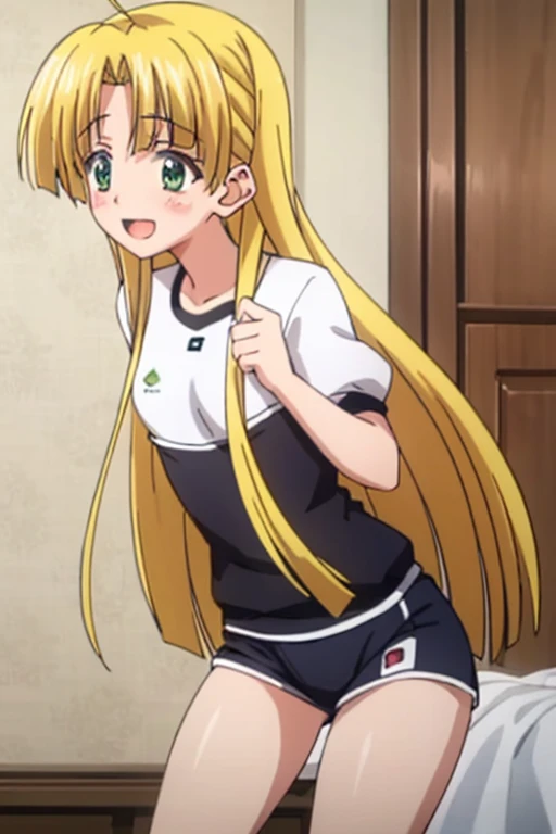 ((highest quality)), ((masterpiece)), (be familiar with), Perfect Face, indoor, Bedroom, Watching the audience,
One woman, Asia Argento,
Open Mouth, Ecstatic expression, blush, smile,
Small breasts, Flat Chest, Young Girl, , , Girl,
Long Hair, Long Hair,
Gym suit, White short sleeves, Black shorts, Leg spread,