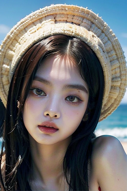 Blackpink, Kim Jennie, chica surcoreana, cosplay de Luffy D'Monkey; One Piece, sombrero de paja, top, falda szul, pechos grandes, rostro perfecto, con el fondo de un mar, super realista, realista, alta calidad