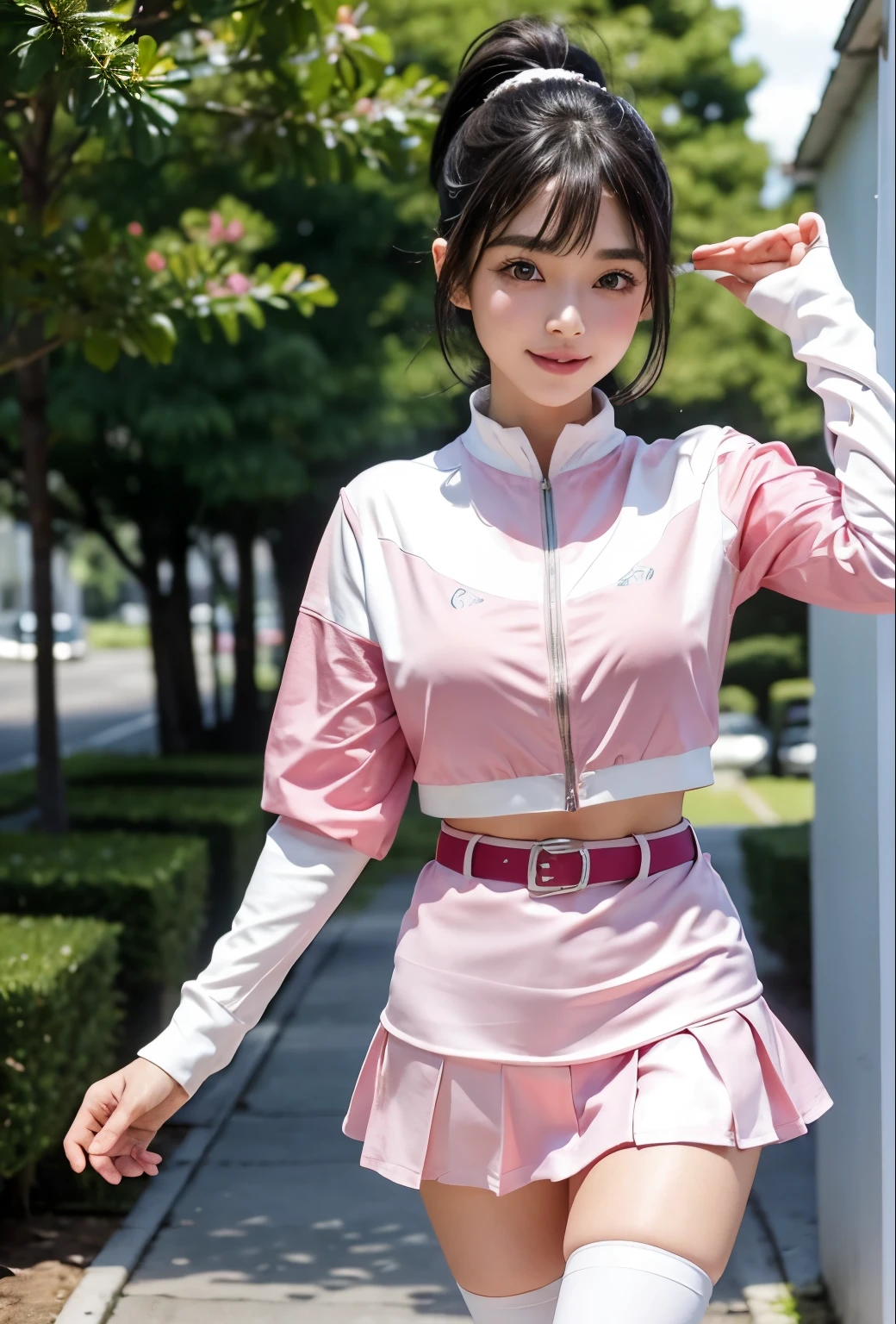 (Pink Ranger, Same as V1)), One girl, Beautiful 18 year old Japanese woman, Angelic, Cute Face,ponytail、High kick like a cheergirl、Lifting your legs as high as you can、White pantiesを見せている、 Beautiful fine details, (Big eyes:1.3),Long eyelashes, See-through bangs, (Beautiful and exquisite face and eyes:1.4), Beautiful short black hair, Beautiful smile, (highest quality:1.2), RAW Photos, High resolution,((Pink Ranger, Same as V1)), One girl, Beautiful 18 year old Japanese woman, Angelic, Cute Face,ponytail、
Beautiful fine details, 
(Big eyes:1.3),Long eyelashes,
See-through bangs,
(Beautiful and exquisite face and eyes:1.4), 
Beautiful short black hair, Beautiful smile,
(highest quality:1.2),
RAW Photos, 
High resolution, 
Perfect detail, 
Professional photography, mini skirt、White panties、
Professional Lighting, (Metallic Coral Magenta and White Hero Miniskirt Suit:1.3), Super tight fitting miniskirt suit, belt, Huge breasts, Beautiful feet, Strong lighting in bodysuit,at the park, Sexy appearance:1.2, Full body portrait