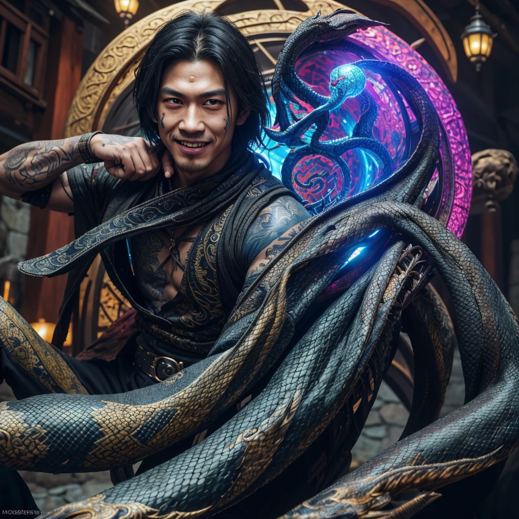 A witchy Asian spirit, Malaysian man, age 25, ankle length hair, extensive tattoos ( dragon motif), evil body jewelry, unclad (very sexy and revealing but still enough is covered to be SFW) , glowing eyes, and a unholy aura, he is laughing cruelly, he floats above a corrupt magic circle in a medieval European village, black serpentine Asian drakes slither around the edges of the scene(almost out of sight, almost out of reach). (best quality, 4k, highres, masterpiece:1.2), ultra-detailed, (realistic, photorealistic, photo-realistic:1.37), HDR, UHD, studio lighting, ultra-fine painting, sharp focus, physically-based rendering, extreme detail description, professional, vivid colors, bokeh, portraits, landscape, horror, anime, sci-fi, photography, concept artists, vibrant colors, soft lighting. Set in a medieval European village
