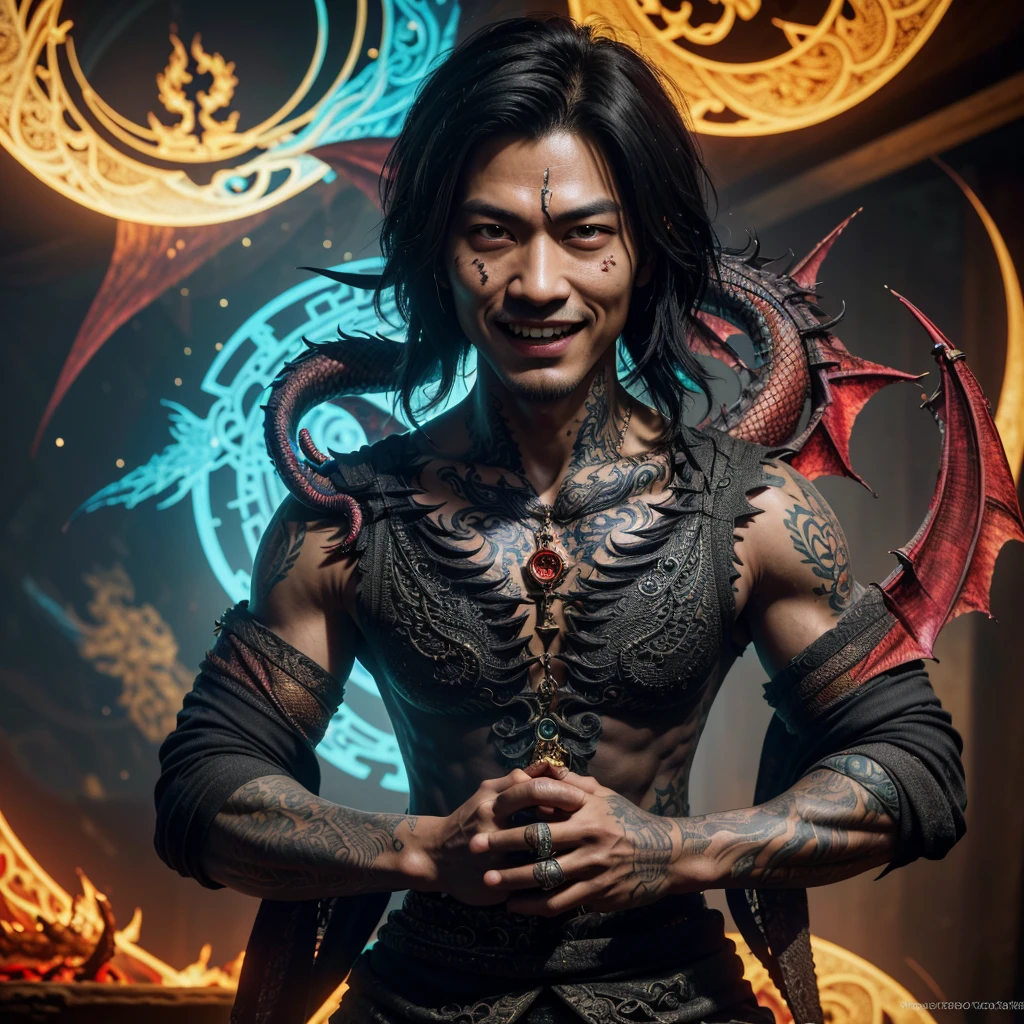 A witchy Asian spirit, Malaysian man, age 25, ankle length hair, extensive tattoos ( dragon motif), evil body jewelry, unclad (very sexy and revealing but still enough is covered to be SFW) , glowing eyes, and a unholy aura, he is laughing cruelly, he floats above a corrupt magic circle in a medieval European village, black serpentine Asian drakes slither around the edges of the scene(almost out of sight, almost out of reach). (best quality, 4k, highres, masterpiece:1.2), ultra-detailed, (realistic, photorealistic, photo-realistic:1.37), HDR, UHD, studio lighting, ultra-fine painting, sharp focus, physically-based rendering, extreme detail description, professional, vivid colors, bokeh, portraits, landscape, horror, anime, sci-fi, photography, concept artists, vibrant colors, soft lighting. Set in a medieval European village
