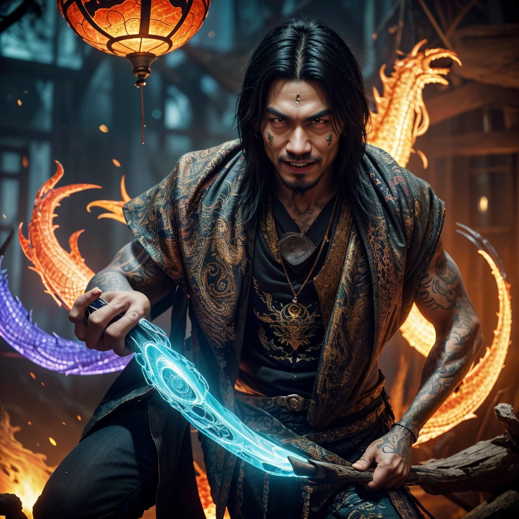 A witchy Asian spirit, Malaysian man, age 25, ankle length hair, extensive tattoos ( dragon motif), evil body jewelry, unclad (very sexy and revealing but still enough is covered to be SFW) , glowing eyes, and a unholy aura, he is laughing cruelly, he floats above a corrupt magic circle in a medieval European village, black serpentine Asian drakes slither around the edges of the scene(almost out of sight, almost out of reach). (best quality, 4k, highres, masterpiece:1.2), ultra-detailed, (realistic, photorealistic, photo-realistic:1.37), HDR, UHD, studio lighting, ultra-fine painting, sharp focus, physically-based rendering, extreme detail description, professional, vivid colors, bokeh, portraits, landscape, horror, anime, sci-fi, photography, concept artists, vibrant colors, soft lighting. Set in a medieval European village
