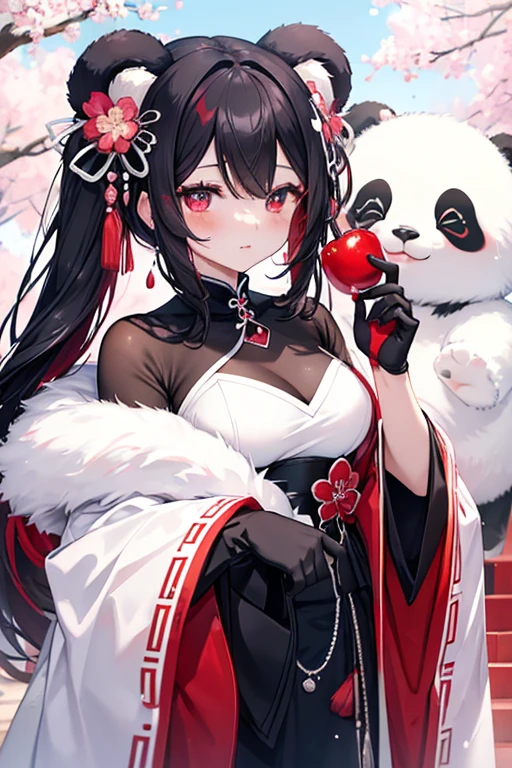 A mesmerizing panda, exquisitely embellished with a lively cherry bomb motif, exhibits a captivating performance amidst a backdrop of flourishing cherry blossoms. The panda's fluffy black and white coat contrasts beautifully with the vibrant cherry red accents of the cherry bomb theme, while its enchanting, playful face is accentuated by a single, delicate cherry stem held gracefully between its paws. The soft, lustrous fur and round, alluring eyes make this bewitching panda a truly irresistible sight to behold, as if plucked directly from a cherished fairytale for children.