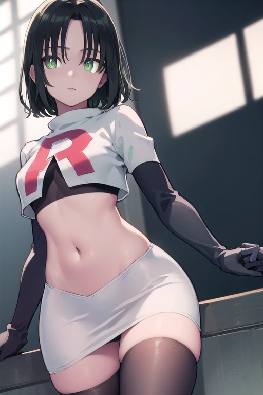 fubuki, fubuki, black hair, (green eyes:1.5), short hair,
BREAK jewelry, team rocket,team rocket uniform,white skirt,red letter R,crop top,black thigh-highs,black elbow gloves,
BREAK looking at viewer,
BREAK (masterpiece:1.2), best quality, high resolution, unity 8k wallpaper, (illustration:0.8), (beautiful detailed eyes:1.6), extremely detailed face, perfect lighting, extremely detailed CG, (perfect hands, perfect anatomy),
