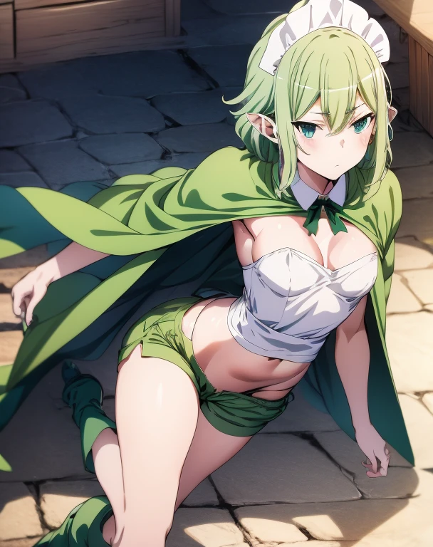 highest quality, one person,Tabletop, 超A high resolution, Ryu Lion, Green shorts, Green Boots, White shirt, Green Cape,anime maid,nsfw,undressing