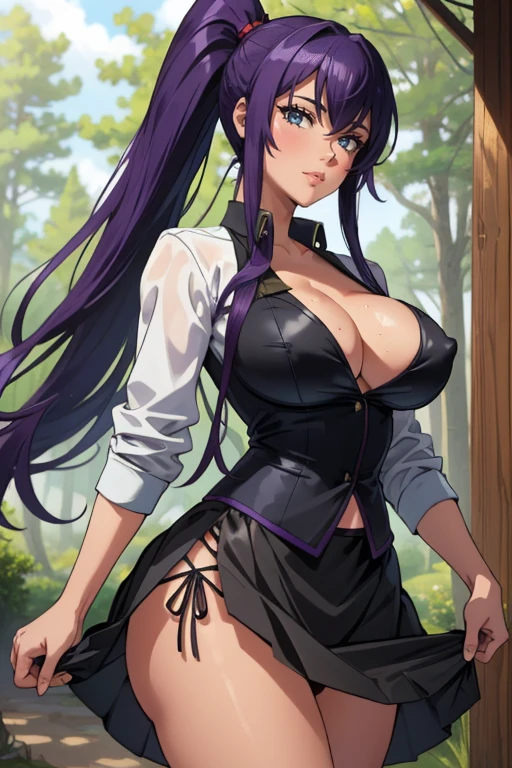 (masterpiece, Best quality,32k), Intricate details,
 1 girl, busujima_Saeko, purple hair, , skirt, ponytail, very long hair,
  seductive smile, Outdoors, forest, perspiration, sweaty tits, cleavage, erect nipples, black panties, skirt slightly raised by the wind.