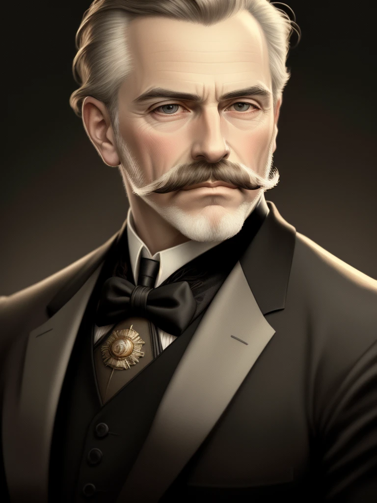 "(best quality,highres,masterpiece:1.2),portrait,aristocratic man with mustache,distinguished,dapper,handsome,refined,elegant attire,vintage style,impeccable grooming,sharp focus,detailed facial features,distinctive mustache,classic background,soft lighting,warm color tone,expressive eyes,nameless but noble demeanor"