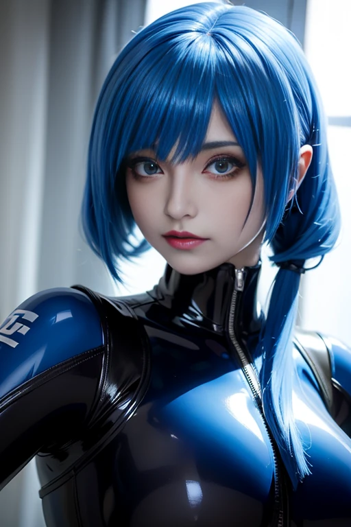cyber woman in a latex bodysuit with blue hair and big breasts