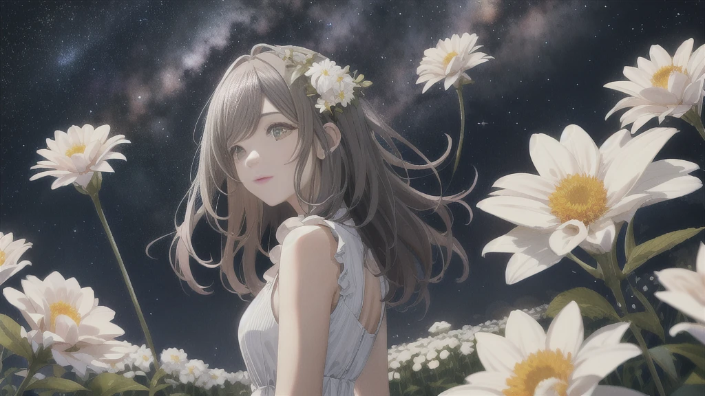 CG, unity, 8k, wallpaper, highest quality, masterpiece, best lighting, complex textile, detailed background, Spectacular starry sky with the Milky Way visible, nebula, night, Effect of dancing petals, vast flower garden, quiet flower garden, nothing artificial, (white flowers: 1.5), BREAK, beautiful woman, long white hair, white skin, BREAK, sleeveless dress, Rear view looking up at the sky, a little far away, beautiful