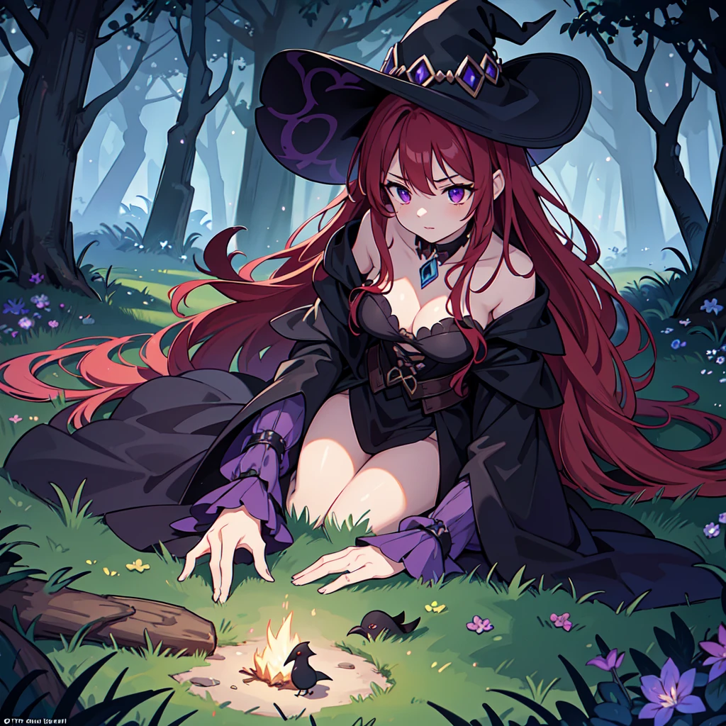 A red-haired sorceress with mesmerizing eyes and enchanting lips stands in a magical night garden, her fingertips reaching out for a crow. The scene is bathed in a mysterious glow, with soft moonlight casting shadows on the lush foliage surrounding her. The witch is dressed in a flowing robe adorned with intricate patterns, representing her powerful connection to the arcane arts. The crow, with feathers as dark as the night, perches on a twisted branch, its eyes filled with intelligence and mischief. As the sorceress extends her hand, a subtle swirl of vibrant red and purple magic begins to envelop her and the crow, hinting at the immense power she possesses. The atmosphere is filled with an air of both danger and intrigue, as if the witch is about to embark on an epic quest in a mystical RPG adventure. The artwork is of the highest quality, with an emphasis on ultra-detailed elements, realistic textures, and vivid colors. The lighting is carefully crafted to create a sense of depth and drama, with moonlight casting delicate highlights and shadows on the witch and her surroundings. This prompt promises to generate a masterpiece, capturing the essence of witchcraft and the allure of a sorceress immersed in a world of magic and mystery., lying on the ground, top view