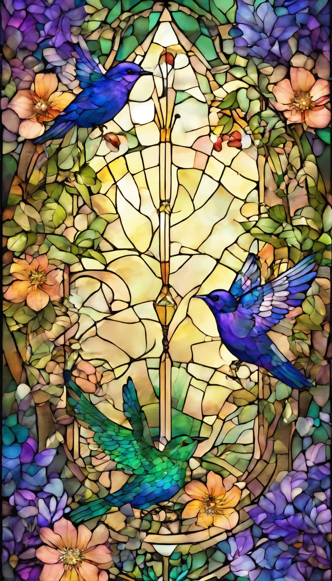 The background is greenblue,All expressed with jewels, the arrival of spring, various beautiful wisteria flowers,beautiful rainbow birds,beautiful birds
, angles looking up from below, various jewels falling from the sky, wonderful and beautiful superb view, slightly hazy, fantastic, high resolution, 8K, (best quality, highres, realistic:1.37), shiny metallic flowers, intricate and delicate petals, reflective surfaces, vibrant colors, intricate details, close-up view, surreal garden, surreal beauty, dreamy atmosphere, fine art, abstract botanicals, metallic sculpture, contrasting textures, ethereal glow
