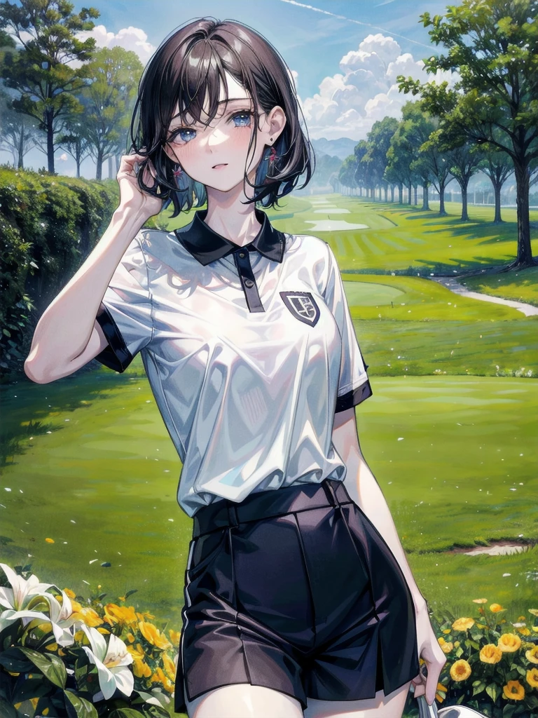 golf uniform, shorts, absurdres, RAW photo, extremely delicate and beautiful, masterpiece, Best Quality, ultra high resolution, 32k, hyperrealistic, ultra-detailed, detailed description, pale skin, 20 years old, tearful mole, earring, big tits, short medium hair, wavy hair, whole body shot,