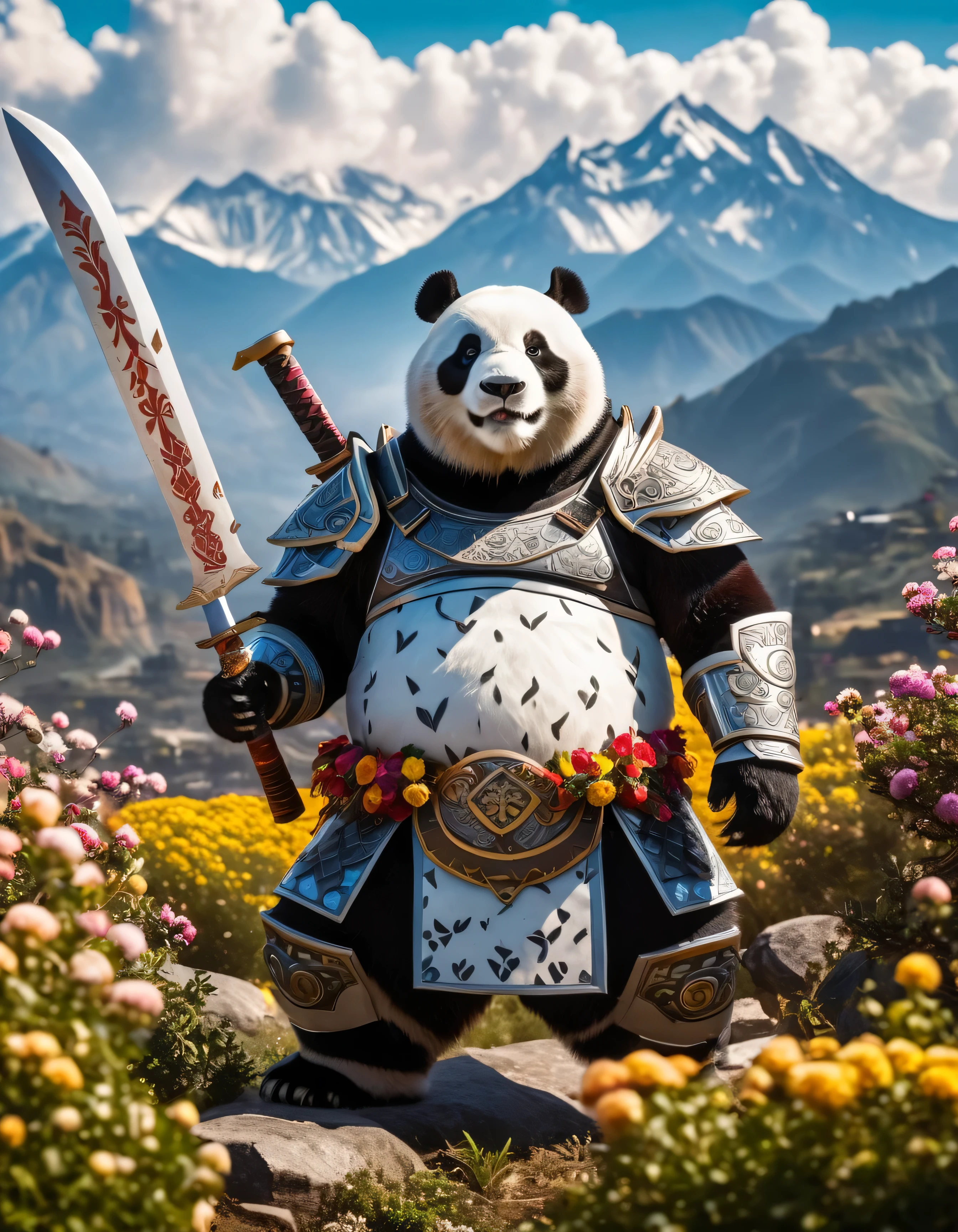 Award winning photography, close-up short, professional photo, cinematic lighting, masterpiece in maximum 16K resolution, ultra detailed, superb quality, fat panda warrior standing proudly on a (flower hill:1.2) with little bushes, gleaming full armor set decorated with mystical swirling symbols and patterns, holding a grand sharp machete, epic mountains in the distance, sunrays coming through fluffy clouds, g.