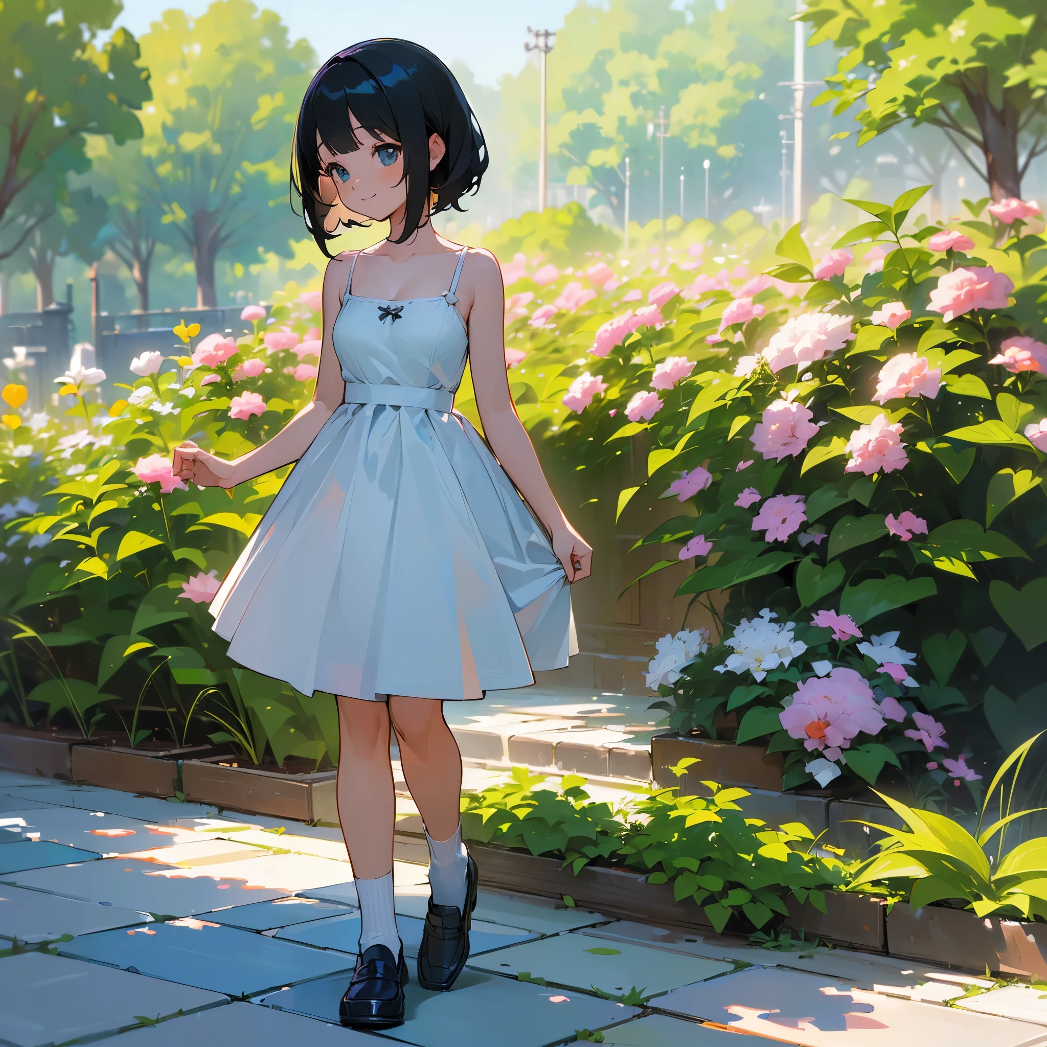 (high quality, High resolution, Very detailed, reality:1.37), Peaceful atmosphere, (Outdoor, garden), age girl standing alone, (my brea big.), Beautiful details, Cute Smile, (Black bob hair), White camisole dress, socks, loafers.
