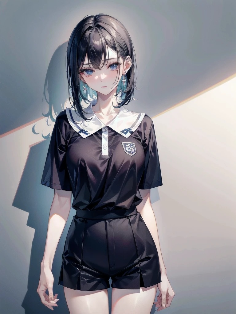 golf uniform, shorts, absurdres, RAW photo, extremely delicate and beautiful, masterpiece, Best Quality, ultra high resolution, 32k, hyperrealistic, ultra-detailed, detailed description, pale skin, 20 years old, tearful mole, earring, big tits, short medium hair, wavy hair, whole body shot,
