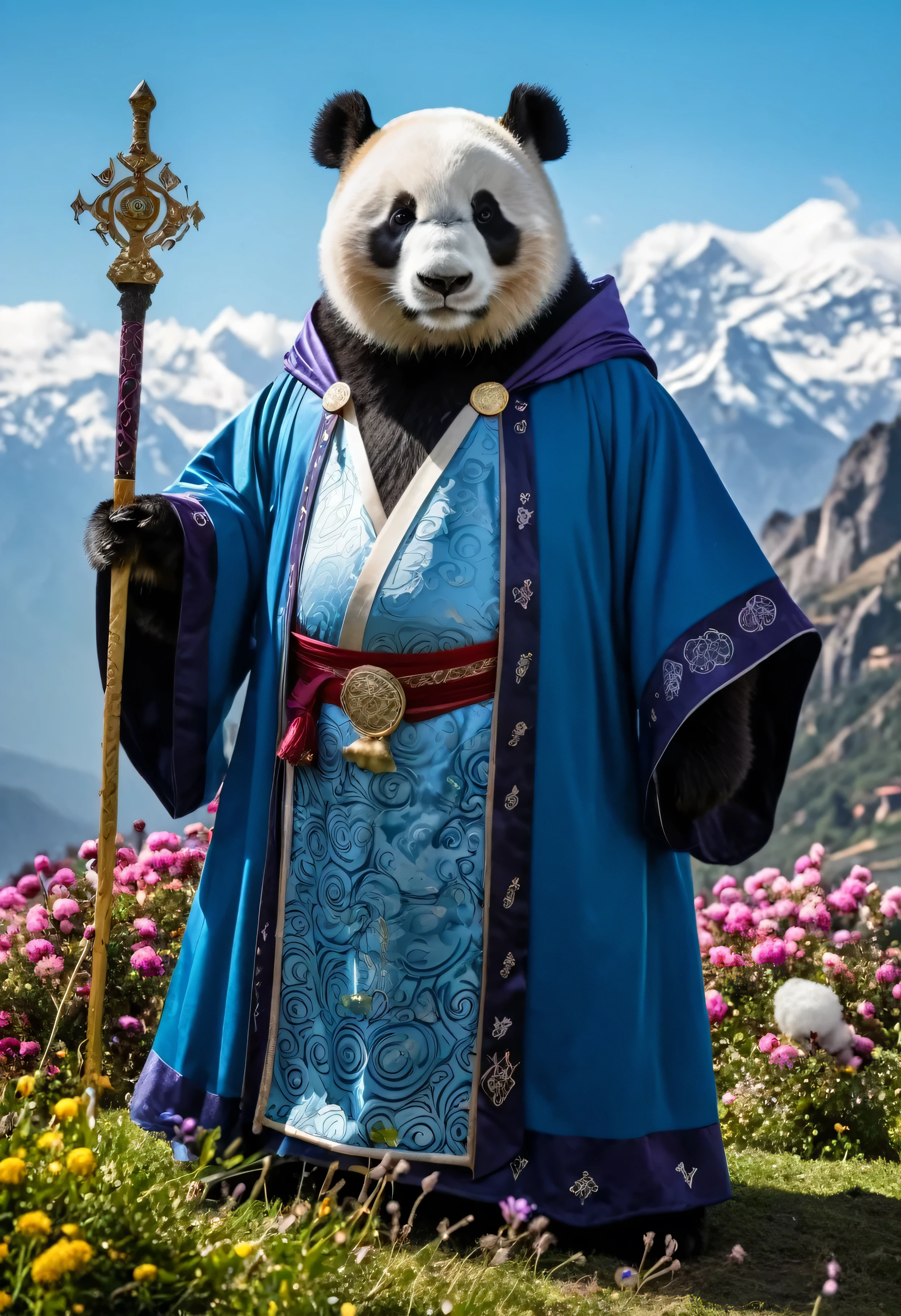 Award winning photography, close-up short, professional photo, cinematic lighting, masterpiece in maximum 16K resolution, ultra detailed, superb quality, fat panda wizard standing proudly on a (flower hill:1.2) with little bushes, silken robes decorated with mystical swirling symbols and patterns, wide belt, holding a grand magic staff adorned with a shiny crystal, epic mountains in the distance, sunrays coming through fluffy clouds, (dark blue cloak).