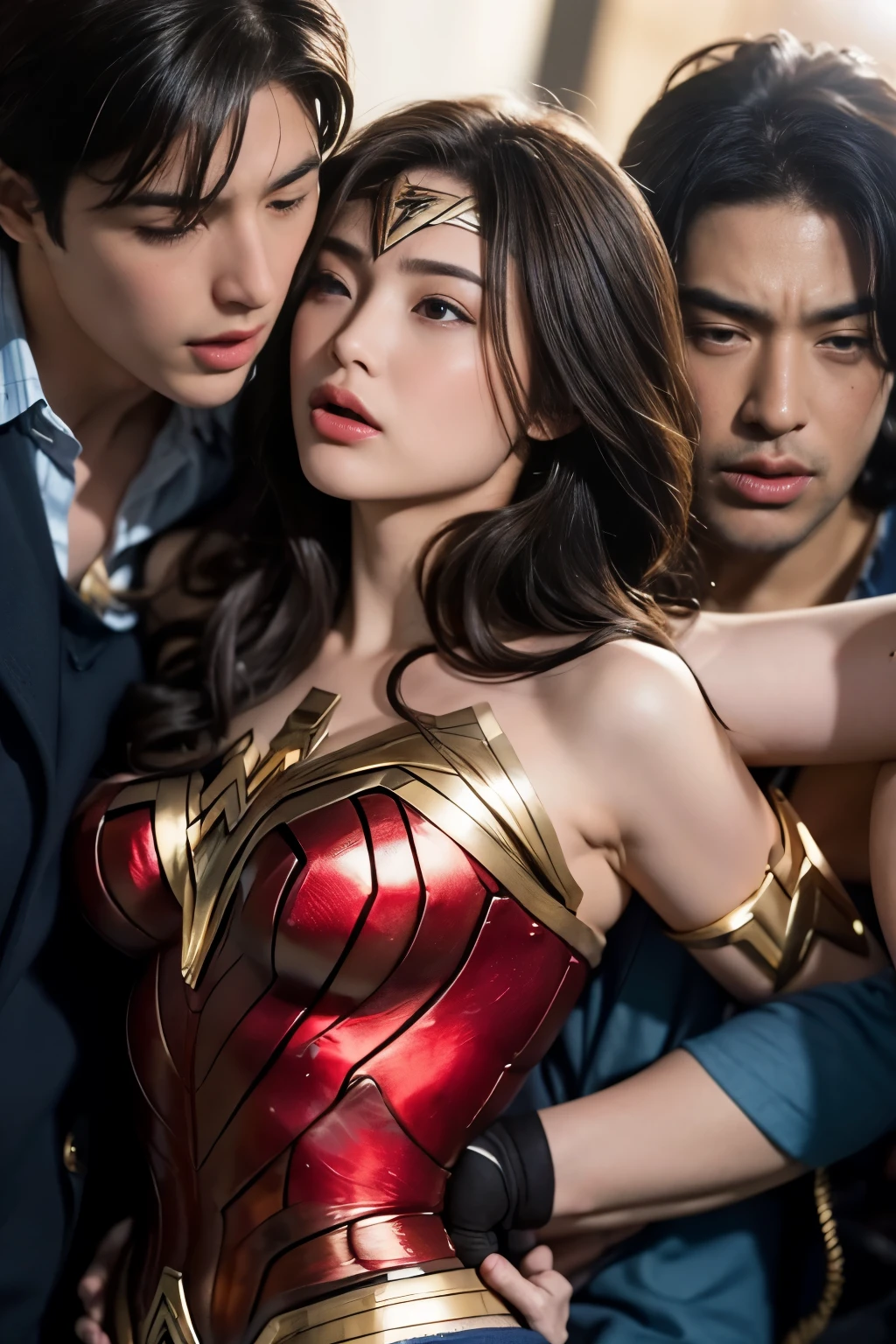私はWonder Womanです、完璧なWonder Womanの衣装,Kneel,押しDefeated,Defeated,A man mounts me,Face grabbed、Hug from the front,Hugged,Being strangled,You can hold it,Leaning on the man,Hugged,Can be lifted,Men lick my face with their tongues,The guys lick my head with their tongues,Men lick my hair with their tongues,My body is licked by men,sleeping face,Close ~ eyes,Open your mouth,Tired face,Face of Suffering,sleeping face,Being slapped in the face,Getting punched in the face,Fighting with men,Fight with the men,Surrounded by men,,Caught between the men,Being held back by men,Entanglement with males, Attacked by men,Brown Hair, masterpiece、beautiful girl、fine 目、puffy eyes、highest quality, 超High resolution, (reality: 1.4), Cinema Lighting,so beautiful、Beautiful Skin、(超reality的な)、(High resolution)、(8k)、(Very detailed)、(beautiful and fine 目)、(Very detailed)、 Detailed face、Diagonal bangle hair、Brown Hair、20-year-old、Wonder Womanのコスプレ,Wonder Woman