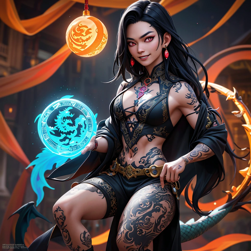 A witchy Asian spirit, Malaysian man, age 25, ankle length hair, extensive tattoos ( dragon motif), evil body jewelry, European gypsy outfit (very sexy and revealing but still enough is covered to be SFW) , glowing eyes, and a unholy aura, he is laughing cruelly, he floats above a corrupt magic circle in a medieval European village, black serpentine Asian drakes slither around the edges of the scene(almost out of sight, almost out of reach). (best quality, 4k, highres, masterpiece:1.2), ultra-detailed, (realistic, photorealistic, photo-realistic:1.37), HDR, UHD, studio lighting, ultra-fine painting, sharp focus, physically-based rendering, extreme detail description, professional, vivid colors, bokeh, portraits, landscape, horror, anime, sci-fi, photography, concept artists, vibrant colors, soft lighting. Set in a medieval European village