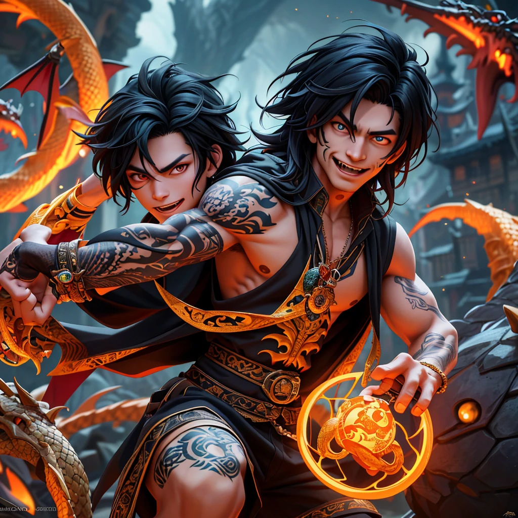 A witchy Asian spirit, Malaysian man, age 25, ankle length hair, extensive tattoos ( dragon motif), evil body jewelry, European gypsy outfit (very sexy and revealing but still enough is covered to be SFW) , glowing eyes, and a unholy aura, he is laughing cruelly, he floats above a corrupt magic circle in a medieval European village, black serpentine Asian drakes slither around the edges of the scene(almost out of sight, almost out of reach). (best quality, 4k, highres, masterpiece:1.2), ultra-detailed, (realistic, photorealistic, photo-realistic:1.37), HDR, UHD, studio lighting, ultra-fine painting, sharp focus, physically-based rendering, extreme detail description, professional, vivid colors, bokeh, portraits, landscape, horror, anime, sci-fi, photography, concept artists, vibrant colors, soft lighting. Set in a medieval European village