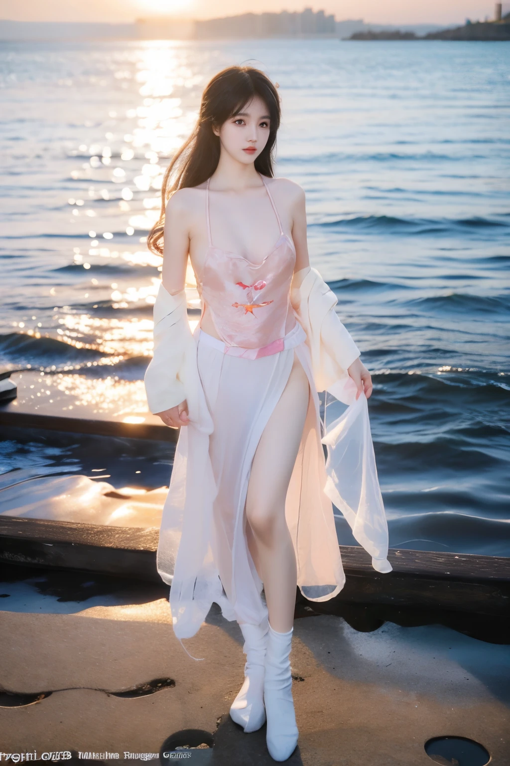 Beautiful woman with perfect body:1.4,Layered Hairstyle,Prominent cleavage,Highly detailed face and skin textures,Double eyelids,Skin Whitening,Long hair,Whitened long legs,(White Hanfu)Standing by the sea