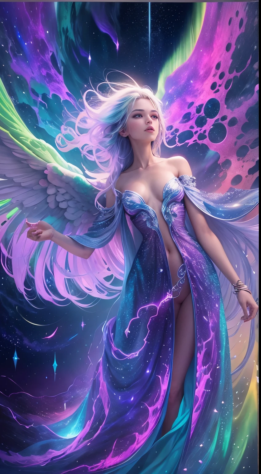 Best quality,Ultra-detailed,(aurora borealis),Angel image,otherworldly beauty,Night sky,Vibrant colors,luminouslighting,Ethereal atmosphere,Um ser celestial,glittering stars,cosmic energy,Extraordinary artistry,Heavenly creatures,Mythological elements,divine presence,Supernatural powers,Majestic performance,Vivid celestial tones,Engaging creations