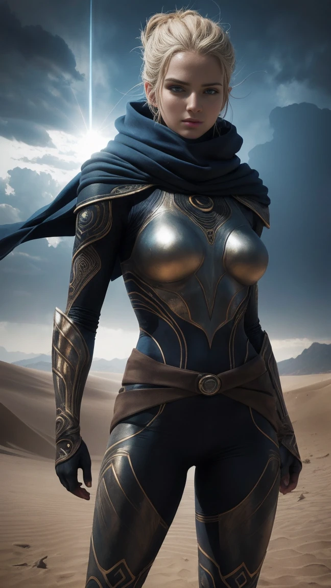 a digital illustration portraying a girl clad in an intricately designed Fremen suit reminiscent of the universe in Frank Herbert's "Dune." The suit boasts meticulous detailing, showcasing its desert-friendly features, including sand-resistant layers, functional utility belts, and a protective headscarf. Against the backdrop of a ferocious desert storm, she stands defiant, the tempest swirling around her. The artwork adopts a hyperrealistic style, accentuating the tactile feel of the suit's texture and the dramatic contrast of light and shadow in the midst of the storm, (Thick thighs:1.3)