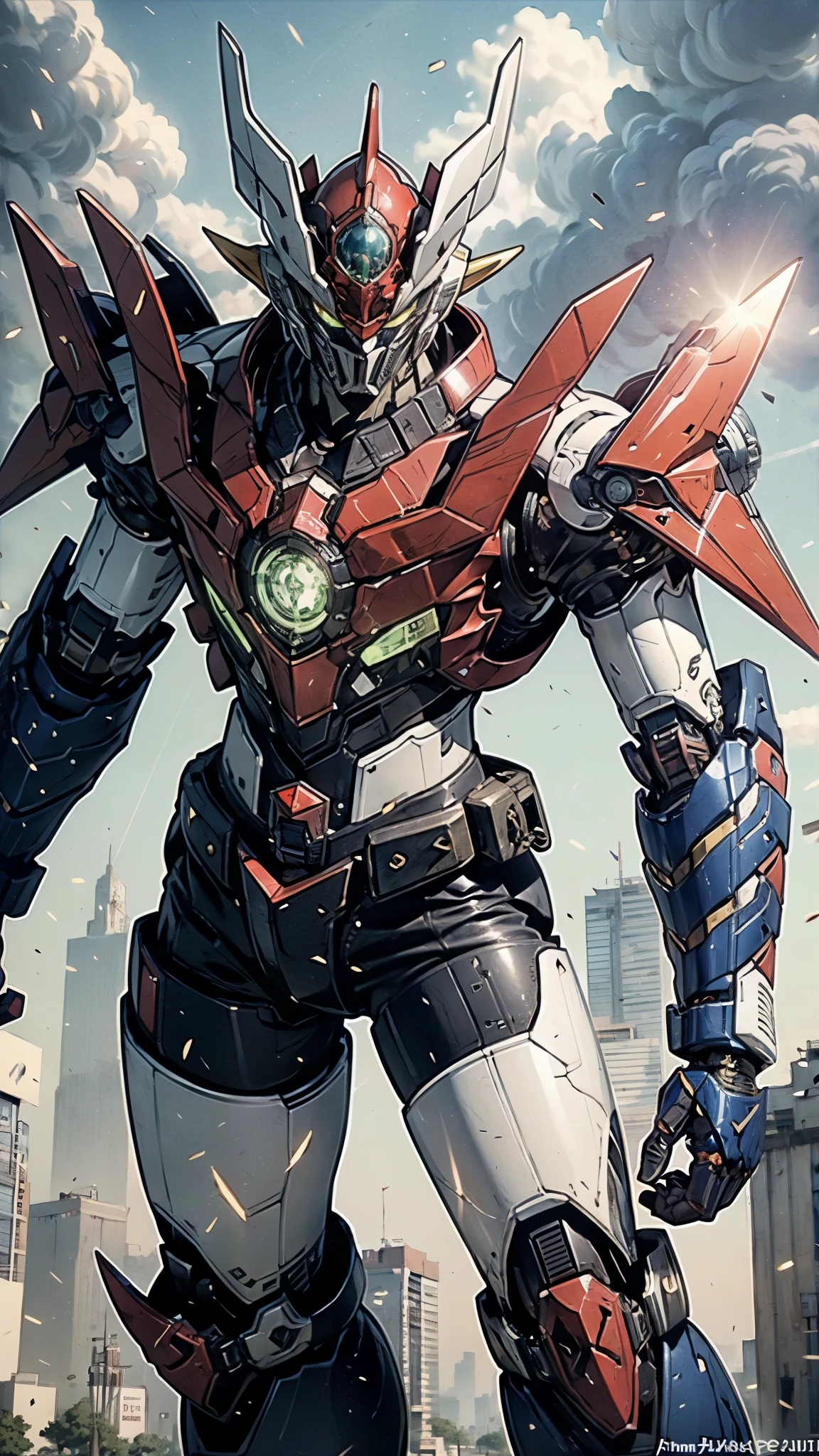 A man wearing a full-face helmet, a fantasy-style biotech armored combat suit, green eyes, (a composite layered chest armor), fully enclosed shoulder guards, matching arm and leg guards, the belt is adorned with Z mark, (the color scheme is primarily white with red and blue accents), the design balances heavy with agility, a high-tech bio-mecha armor, (Armor Concept Inspired by Mazinger Z, stand on the top of a skyscraper in a futuristic sci-fi city), this character embodies a finely crafted fantasy-surreal style armored hero in anime style, exquisite and mature manga art style, (battle damage, element, plasma, energy, the armor glows), ((male:1.5)), metallic, real texture material, dramatic, high definition, best quality, highres, ultra-detailed, ultra-fine painting, extremely delicate, professional, perfect body proportions, golden ratio, anatomically correct, symmetrical face, extremely detailed eyes and face, high quality eyes, creativity, RAW photo, UHD, 32k, Natural light, cinematic lighting, masterpiece-anatomy-perfect, masterpiece:1.5