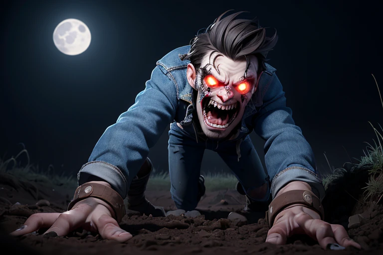 High resolution, masterpiece, high quality, Crying Engine, Ghoul, torn skin, Glowing Eyes, White, thin hair, Blue Denim Jeans, Buried in the soil, Looking Camera, anger, shout, Open your mouth,Muddy, crawling out of the ground,  Midnight, full moon, Dark atmosphere,Spooky lighting, 
