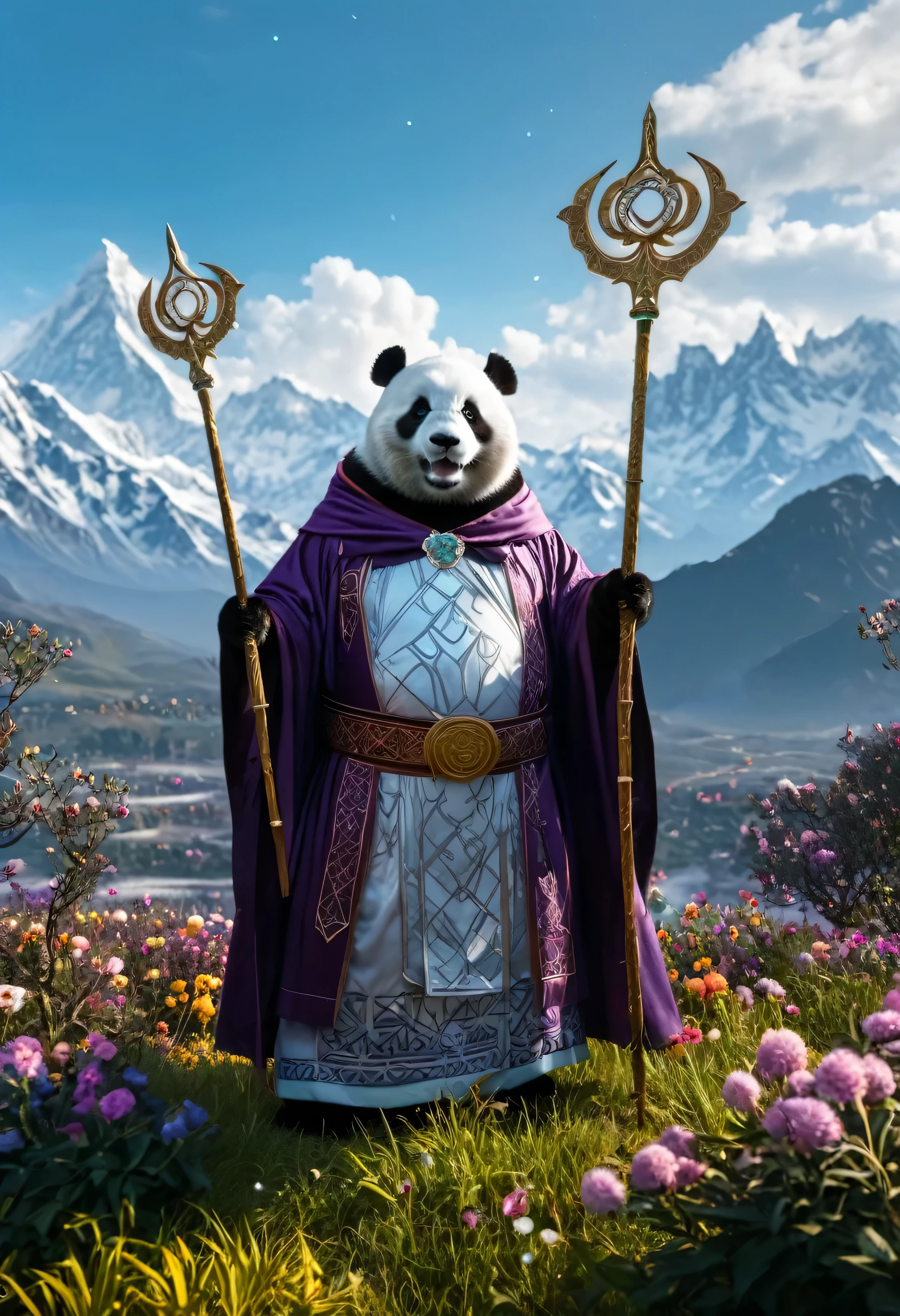 Award winning photography, long short, professional photo, cinematic lighting, masterpiece in maximum 16K resolution, ultra detailed, superb quality, fat panda wizard standing proudly on a (flower hill:1.2) with little bushes, silken robes decorated with mystical swirling symbols and patterns, wide belt, holding a grand magic staff adorned with a shiny crystal, epic mountains in the distance, sunrays coming through fluffy clouds, (dark purple cloak).