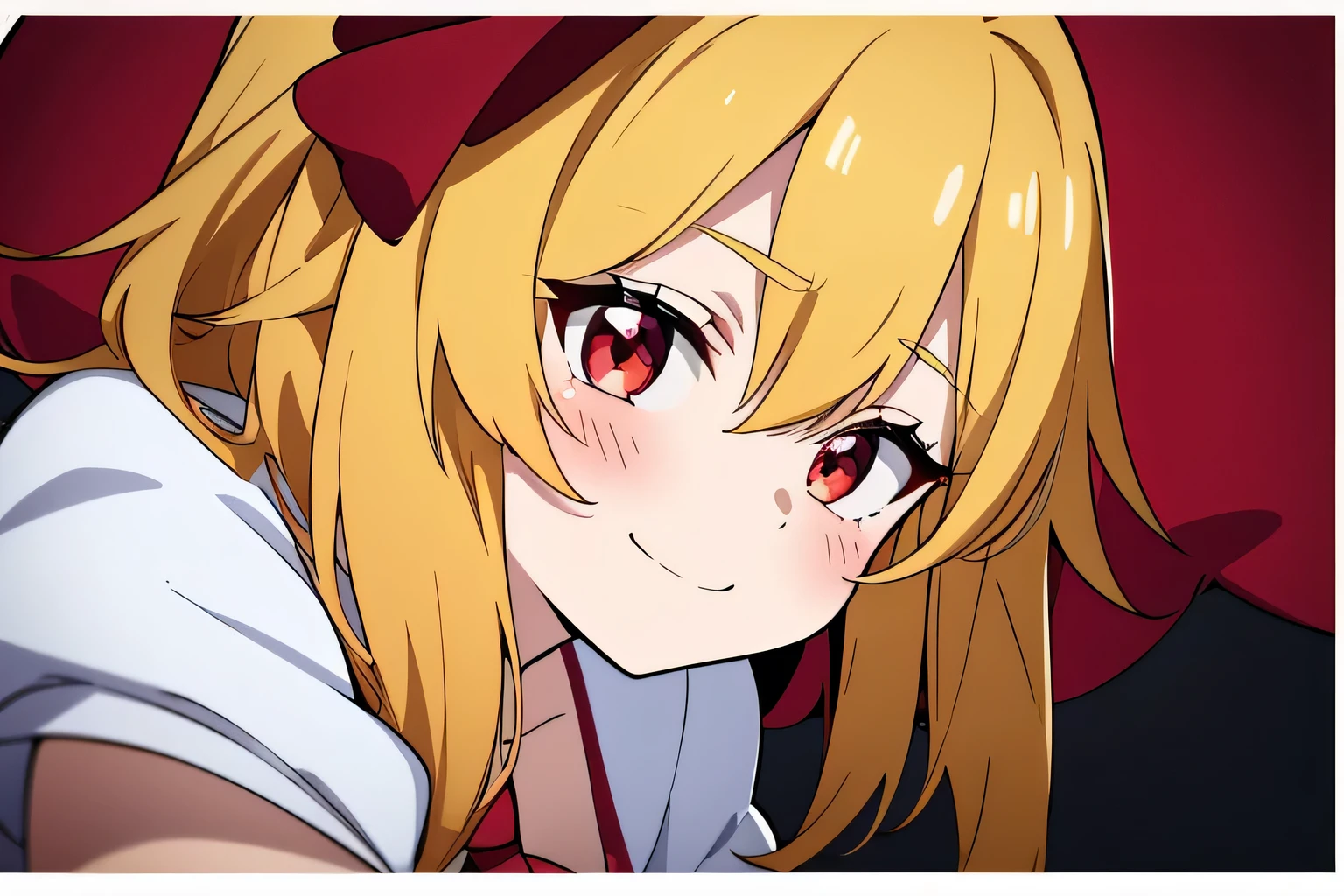 Anime Style、highest quality, One Girl, alone, （Flandre Scarlett staring at camera）、Expressive、Portraiture、The camera is looking at the girl.、From above、standing、 A teasing smile、Blushed、Beautiful Face、Eye highlights、、Red eyes、Bright yellow fur on the side tail,、Short sleeve、Childish、Pure white background