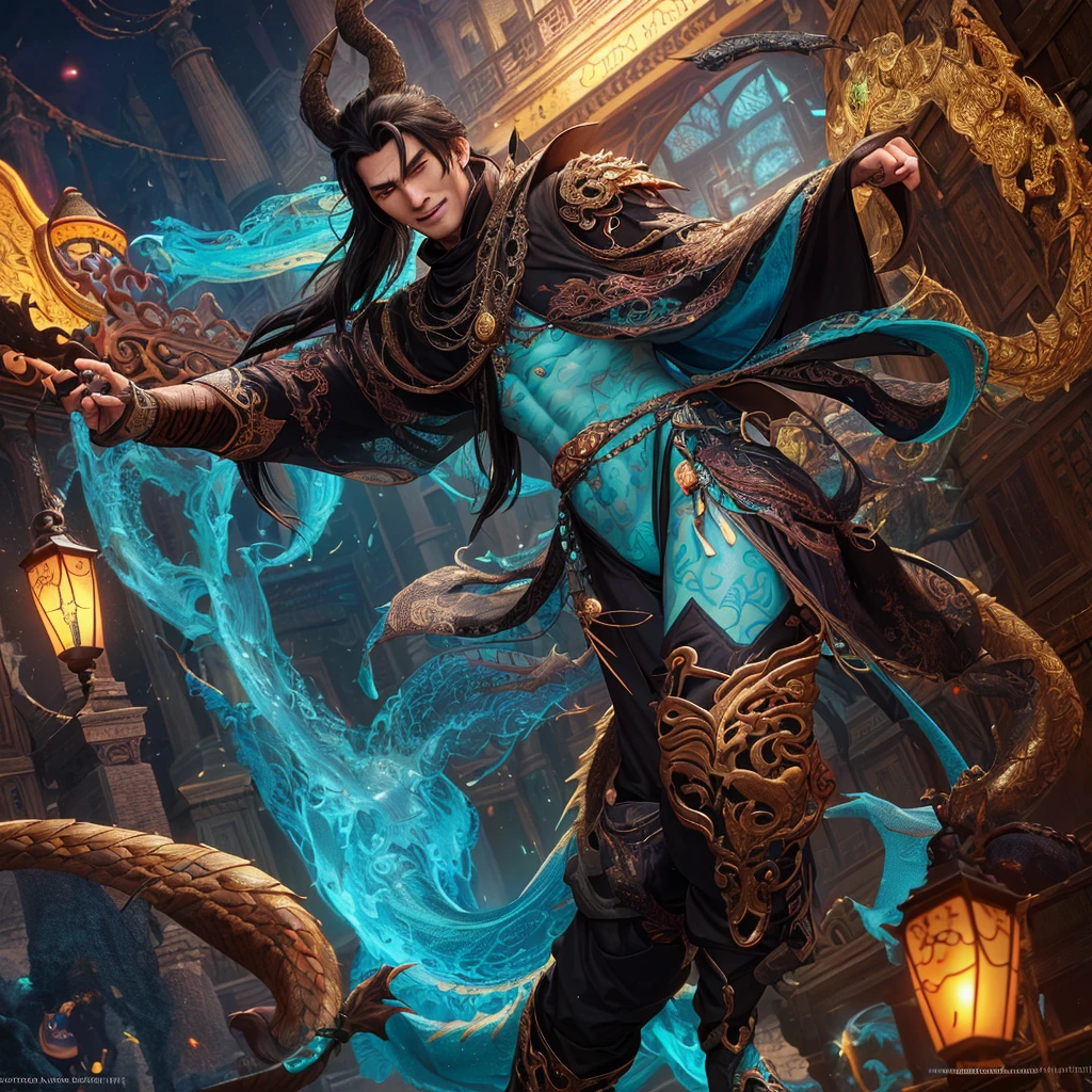 A witchy Asian spirit, Malaysian man, age 25, ankle length hair, extensive tattoos ( dragon motif), evil body jewelry, European gypsy outfit (very sexy and revealing but still enough is covered to be SFW) , glowing eyes, and a unholy aura, he is laughing cruelly, he floats above a corrupt magic circle in a medieval European village, black serpentine Asian drakes slither around the edges of the scene(almost out of sight, almost out of reach). (best quality, 4k, highres, masterpiece:1.2), ultra-detailed, (realistic, photorealistic, photo-realistic:1.37), HDR, UHD, studio lighting, ultra-fine painting, sharp focus, physically-based rendering, extreme detail description, professional, vivid colors, bokeh, portraits, landscape, horror, anime, sci-fi, photography, concept artists, vibrant colors, soft lighting. Set in a medieval European village