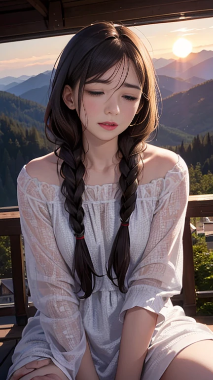 (Droopy eyes, Sleepy face, From the angle from below, Realistic skin, Ecstasy face), gale, long thick braids, Open your legs, gentlemen.々Patterned casual dress, external, Mountain, (((focus on, exist))), ((dark hour of dawn)), exist樹林裡,