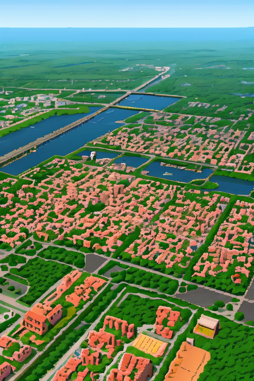 Pixel art. Small town. something like a suburb. the view should be as if from a height of 30 meters. must be a peach colored dawn/ ORANGE COLORS
