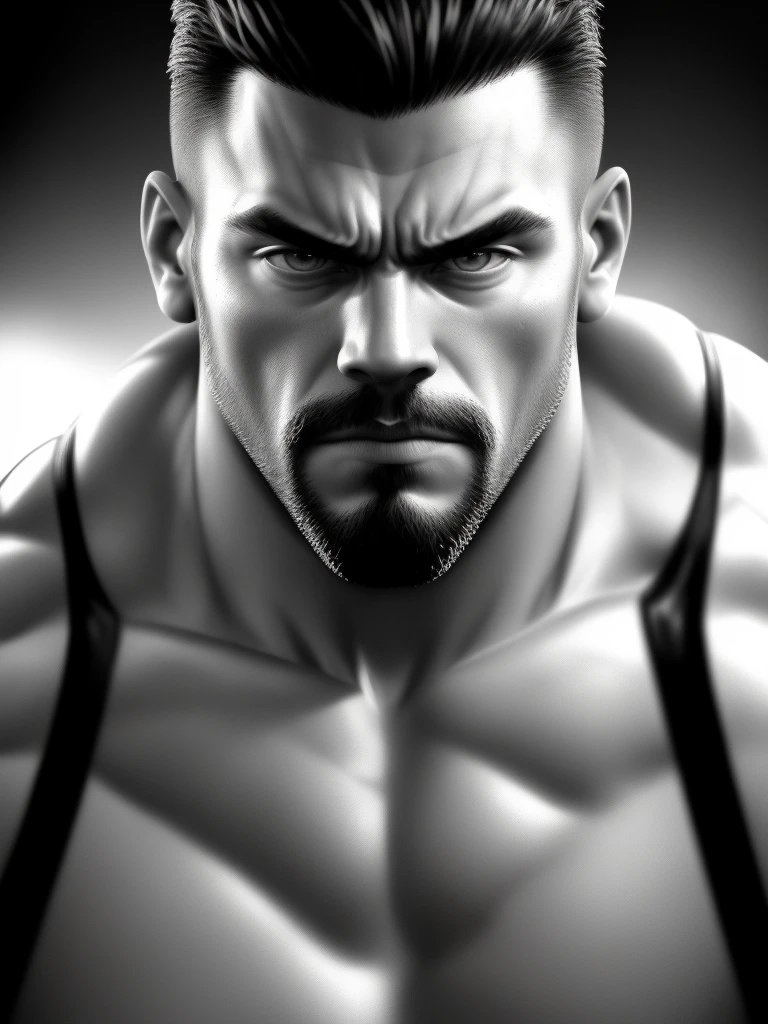 (high quality,4k,8k,highres,masterpiece:1.2),ultra-detailed,(realistic,photorealistic,photo-realistic:1.37),portrait,expressive,studio lighting,strong contrast,vibrant colors,sharp focus,physically-based rendering,extreme detail description,facial hair, muscular build, boxing gloves, athletic stance, intense expression, black and white, dramatic lighting, monochrome tones