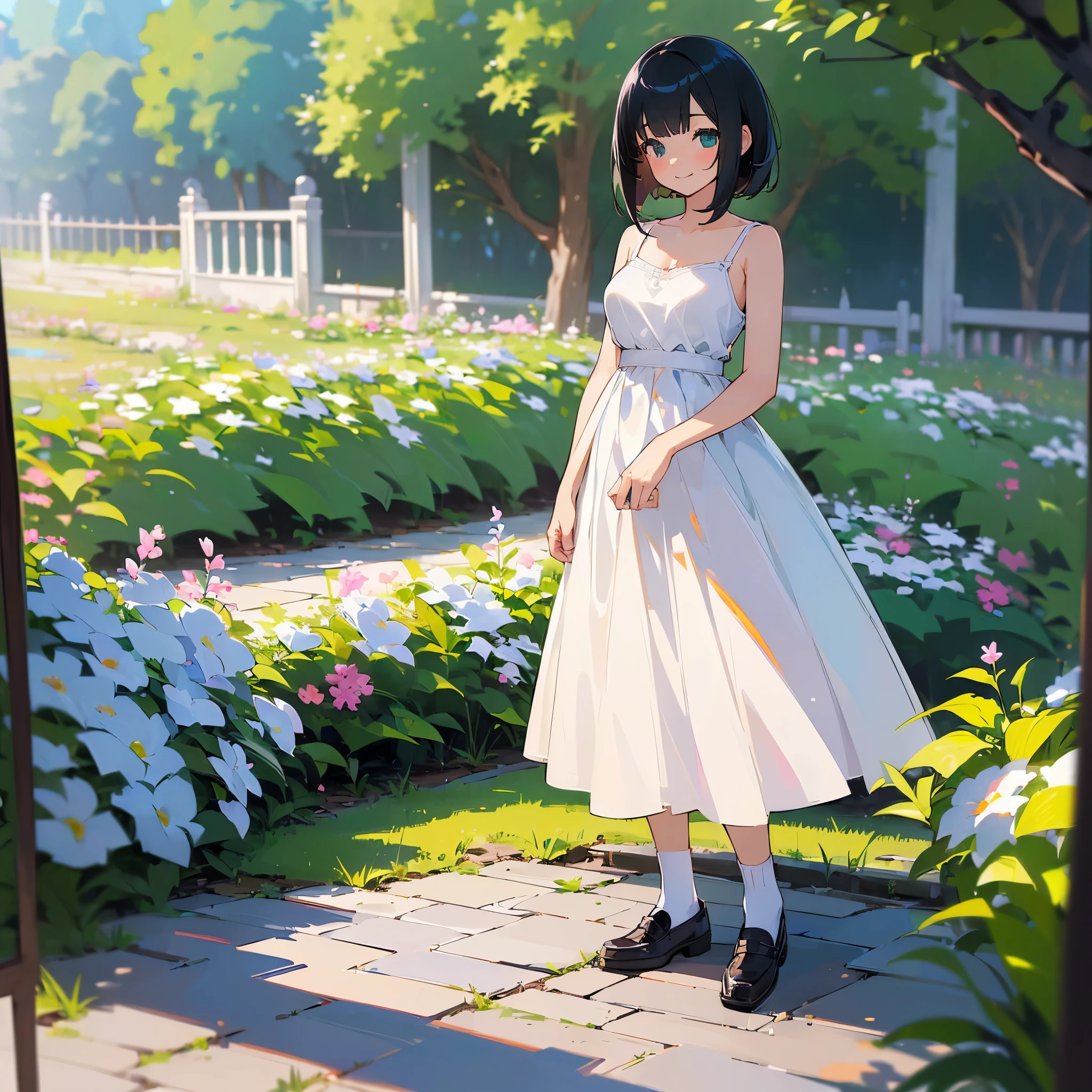 (high quality, High resolution, Very detailed, reality:1.37), Peaceful atmosphere, (Outdoor, garden), Teenage girl standing alone, (my breasts are big.), Beautiful details, Cute Smile, (Black bob hair), White camisole dress, socks, loafers.