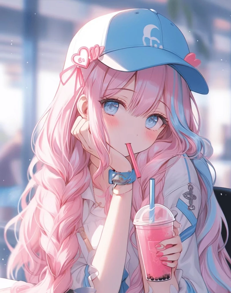 Anime girl with pink hair drinking a drink，Wearing a baseball cap, anime girls drink Energy drink, Cute anime girl, soda themed girl, pretty anime girl, style of anime4 K, Beautiful anime girl, (Anime girl), Anime girl, up of young anime girl, An anime girl, 4K anime wallpaper, Anime wallpaper 4 k, Anime wallpaper 4K, beautiful anime art style